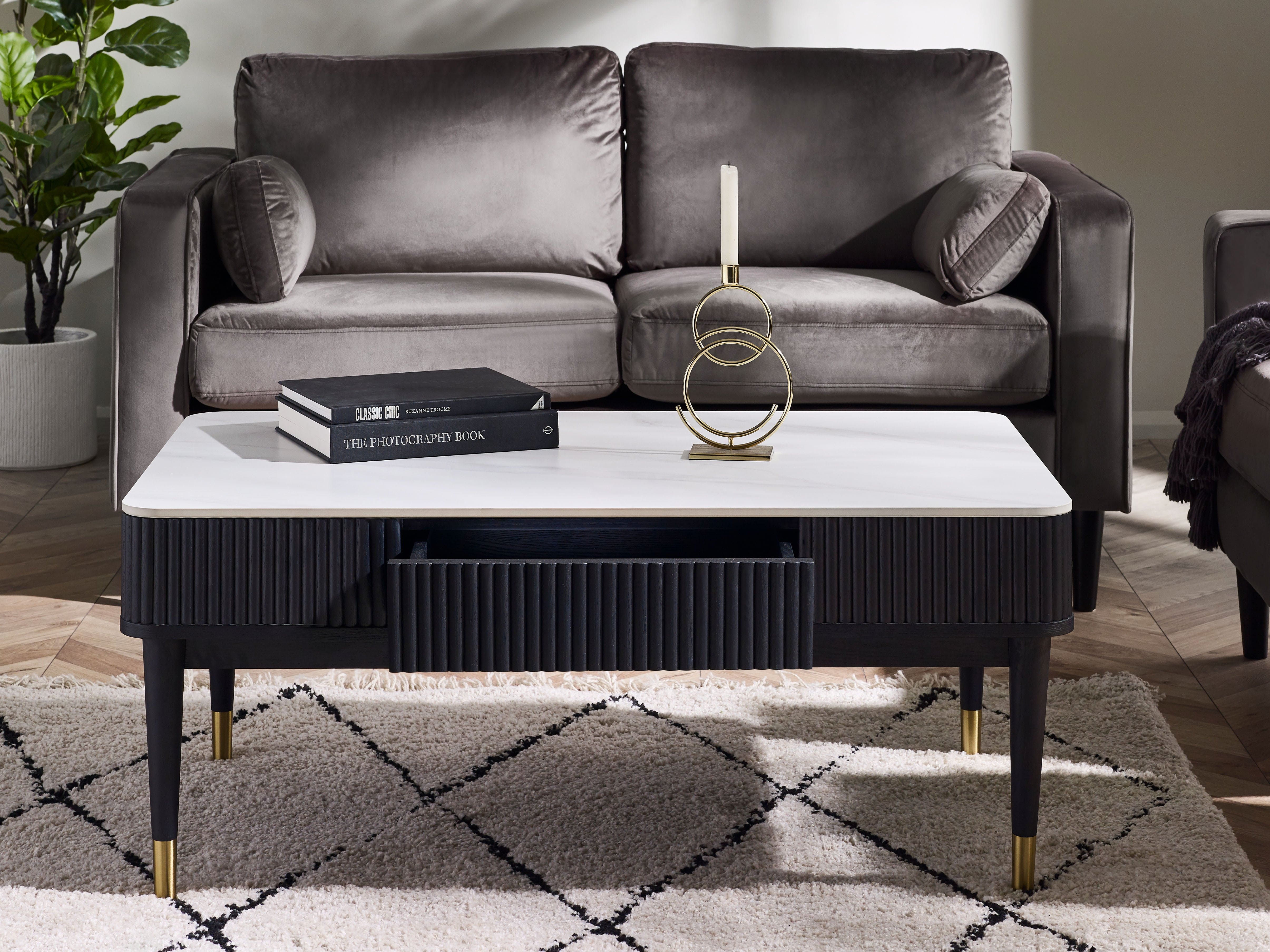 Julian Bowen Coffee Table Louis Fluted Stone Top Coffee Table With 2 Drawers - Black Bed Kings
