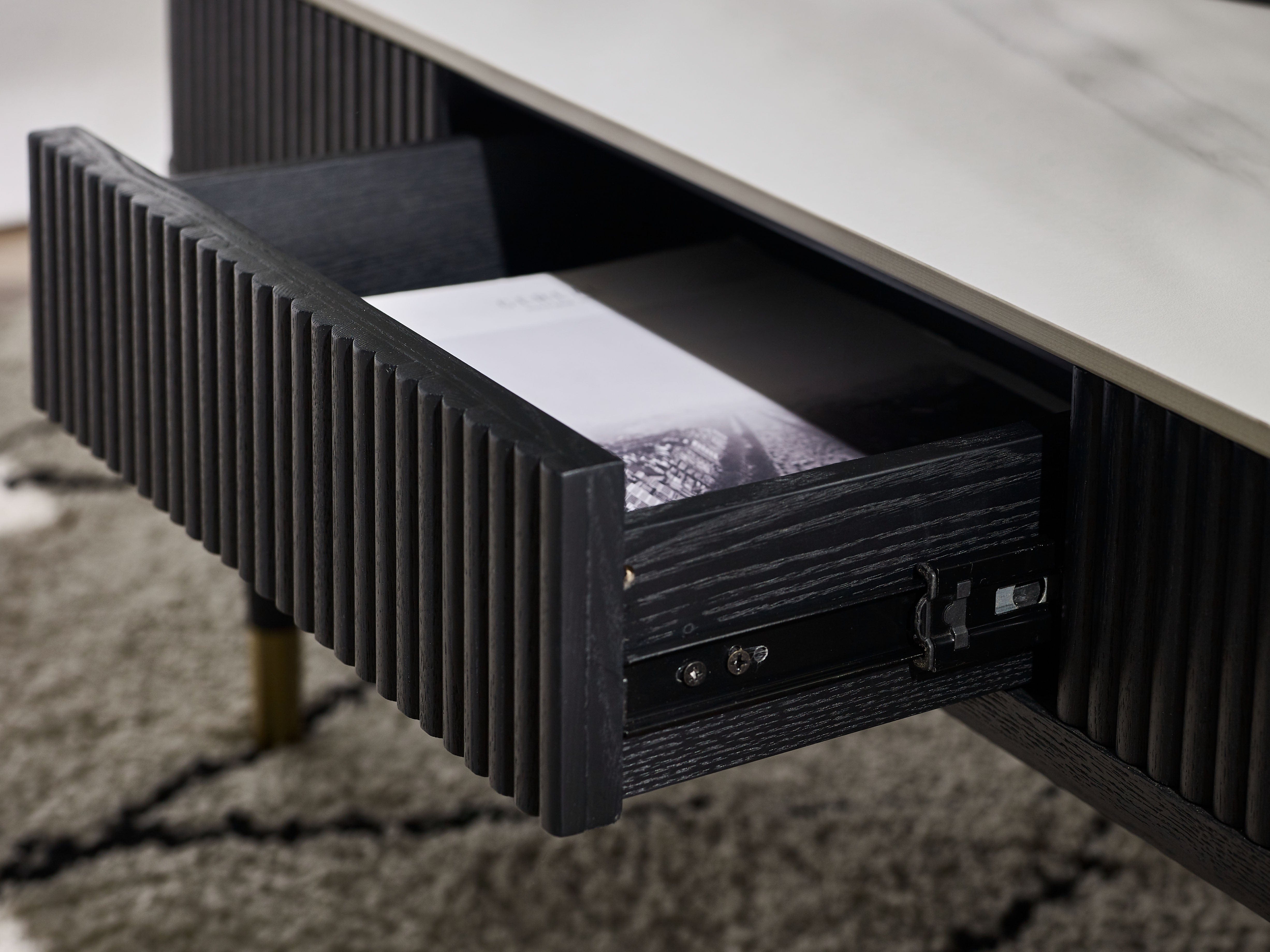 Julian Bowen Coffee Table Louis Fluted Stone Top Coffee Table With 2 Drawers - Black Bed Kings