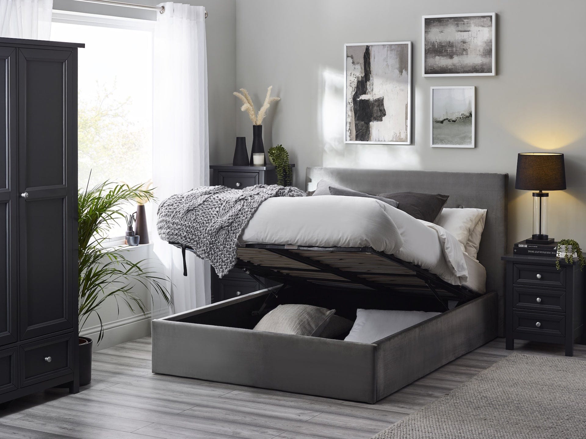 Julian Bowen Fabric Bed Shoreditch High Headboard Lift-Up Storage Bed - Slate Grey Bed Kings