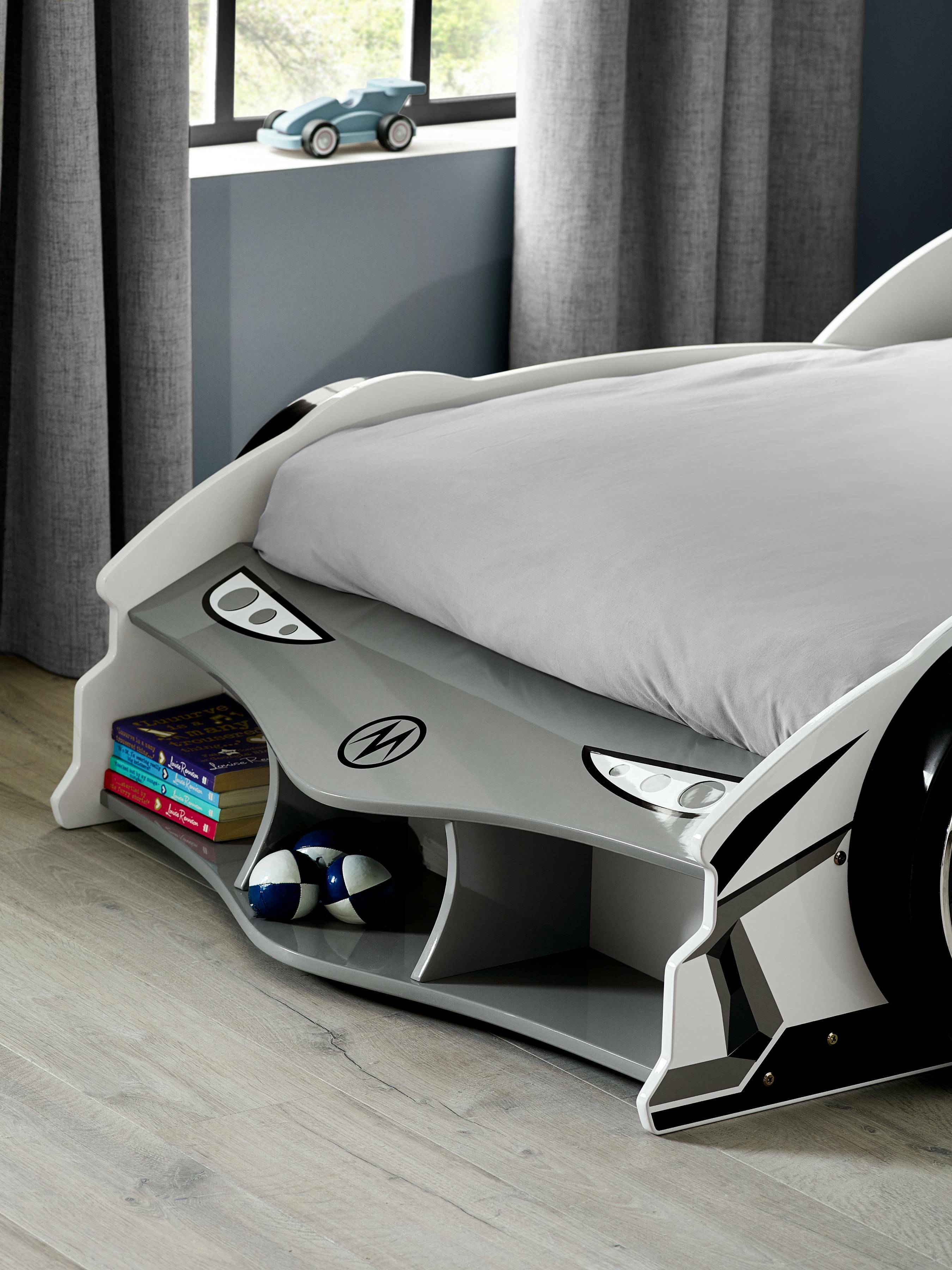 Storm White and Grey High Gloss 90cm Single Race Car Bed
