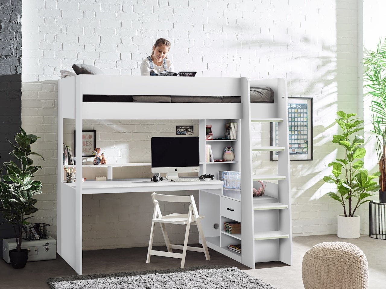 Julian Bowen High Sleeper Bed Single 90cm 3ft Blaze Gaming Highsleeper Bed - All White Bed Kings