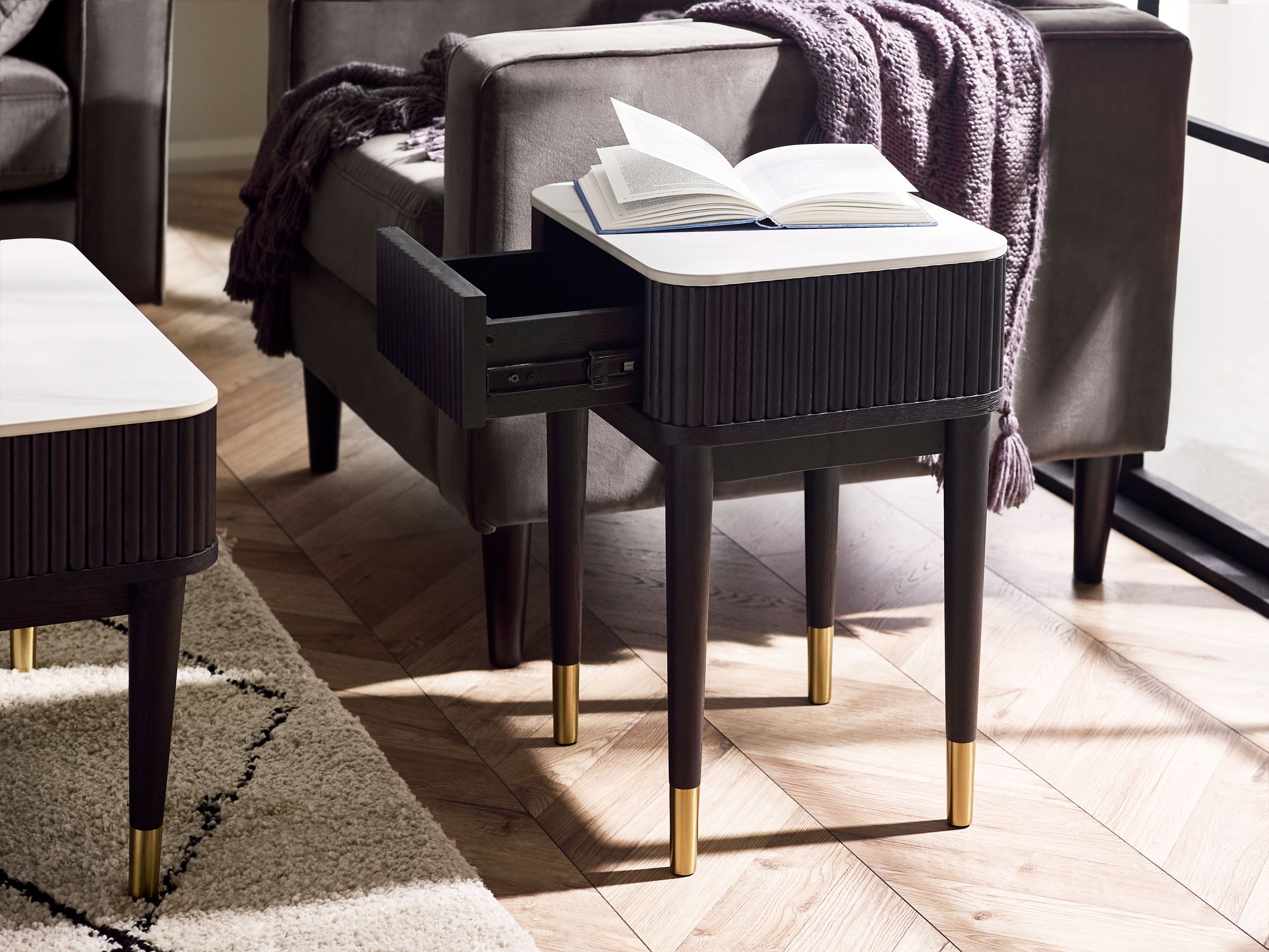 Julian Bowen Lamp Table Louis Fluted Stone Top Lamp Table With Drawer - Black Bed Kings