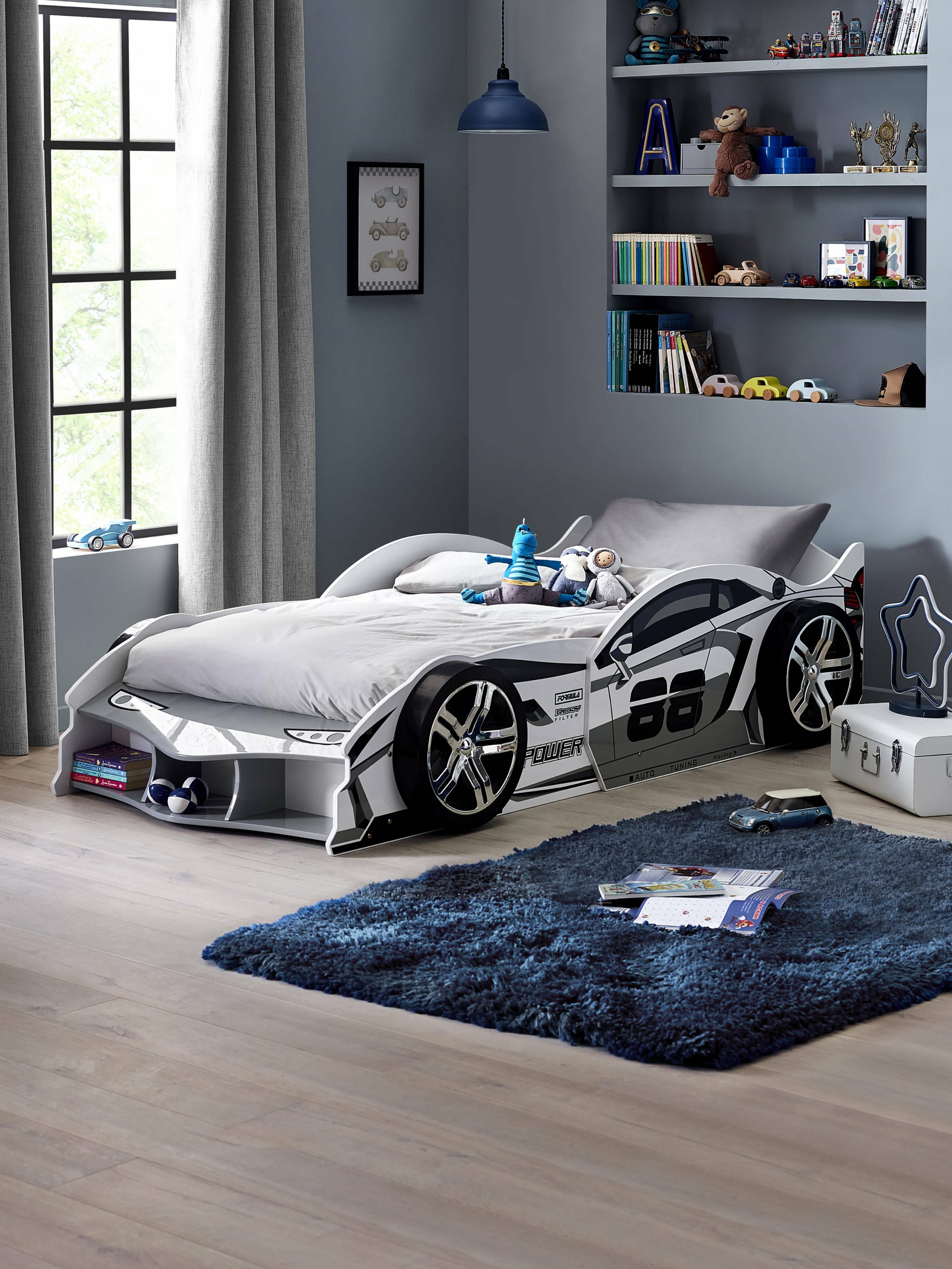 Storm White and Grey High Gloss 90cm Single Race Car Bed