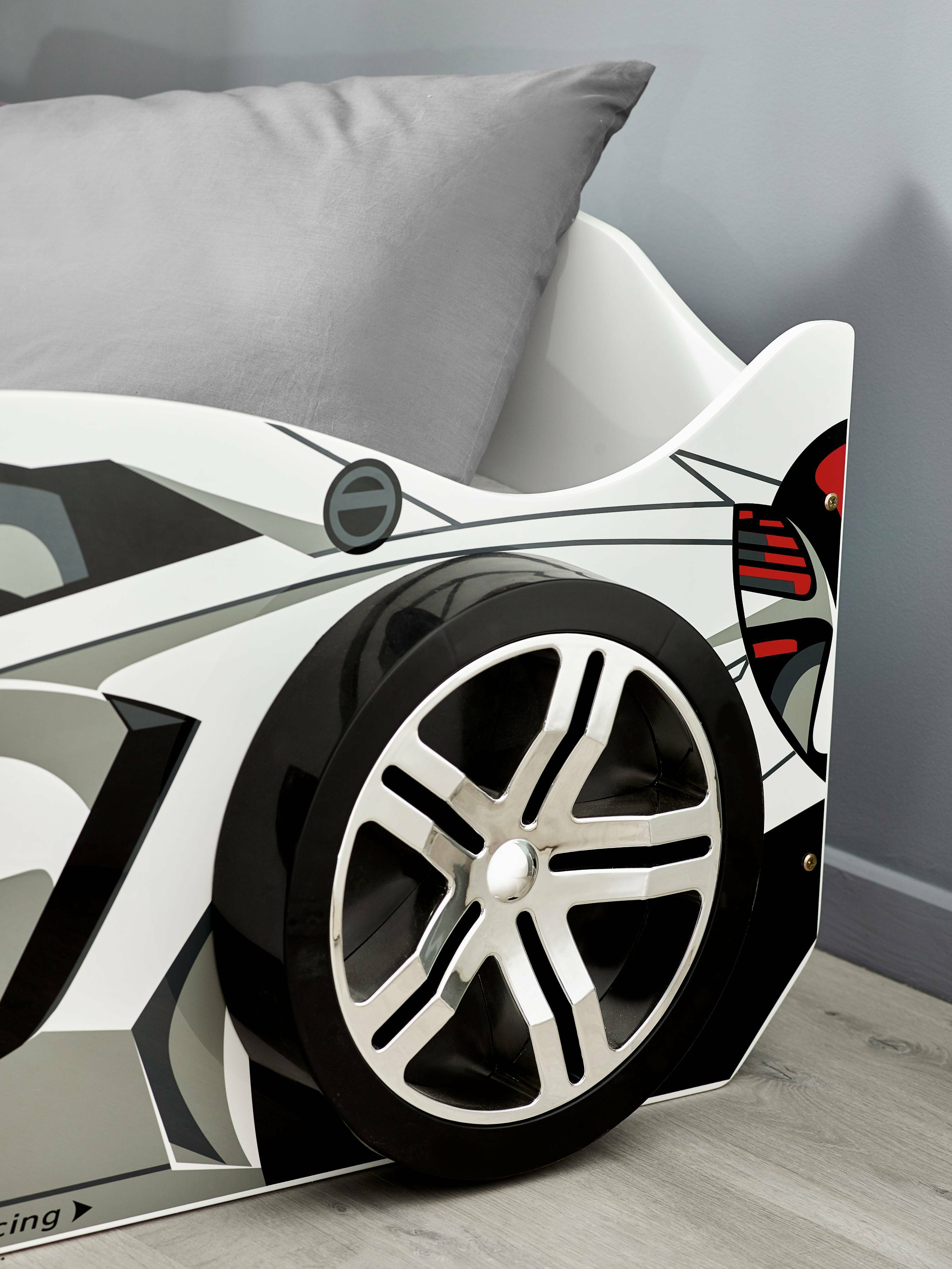 Storm White and Grey High Gloss 90cm Single Race Car Bed