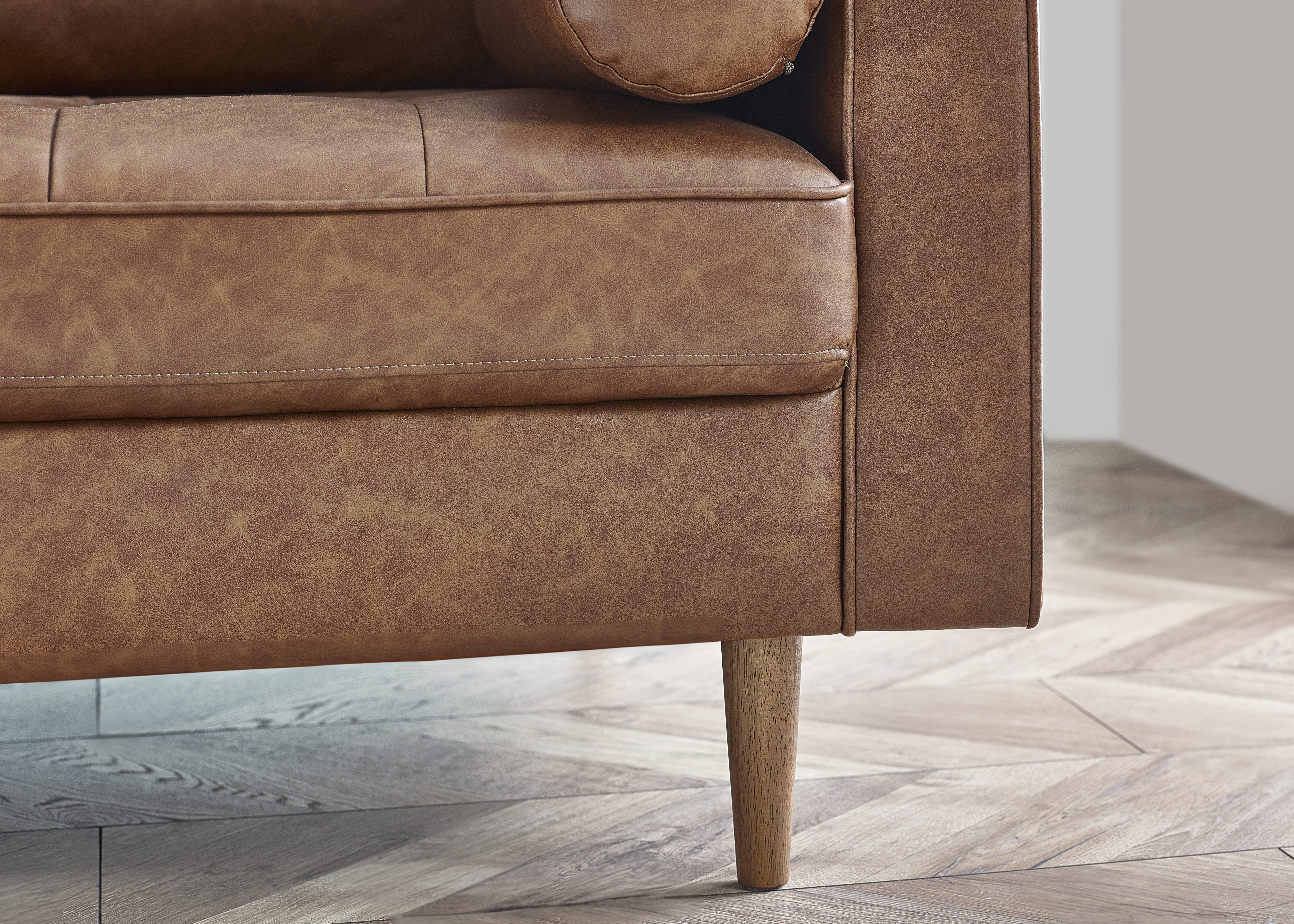 Julian Bowen Sofa Henley 2 Seater Sofa With Bolsters - Brown Tan Faux Leather Bed Kings