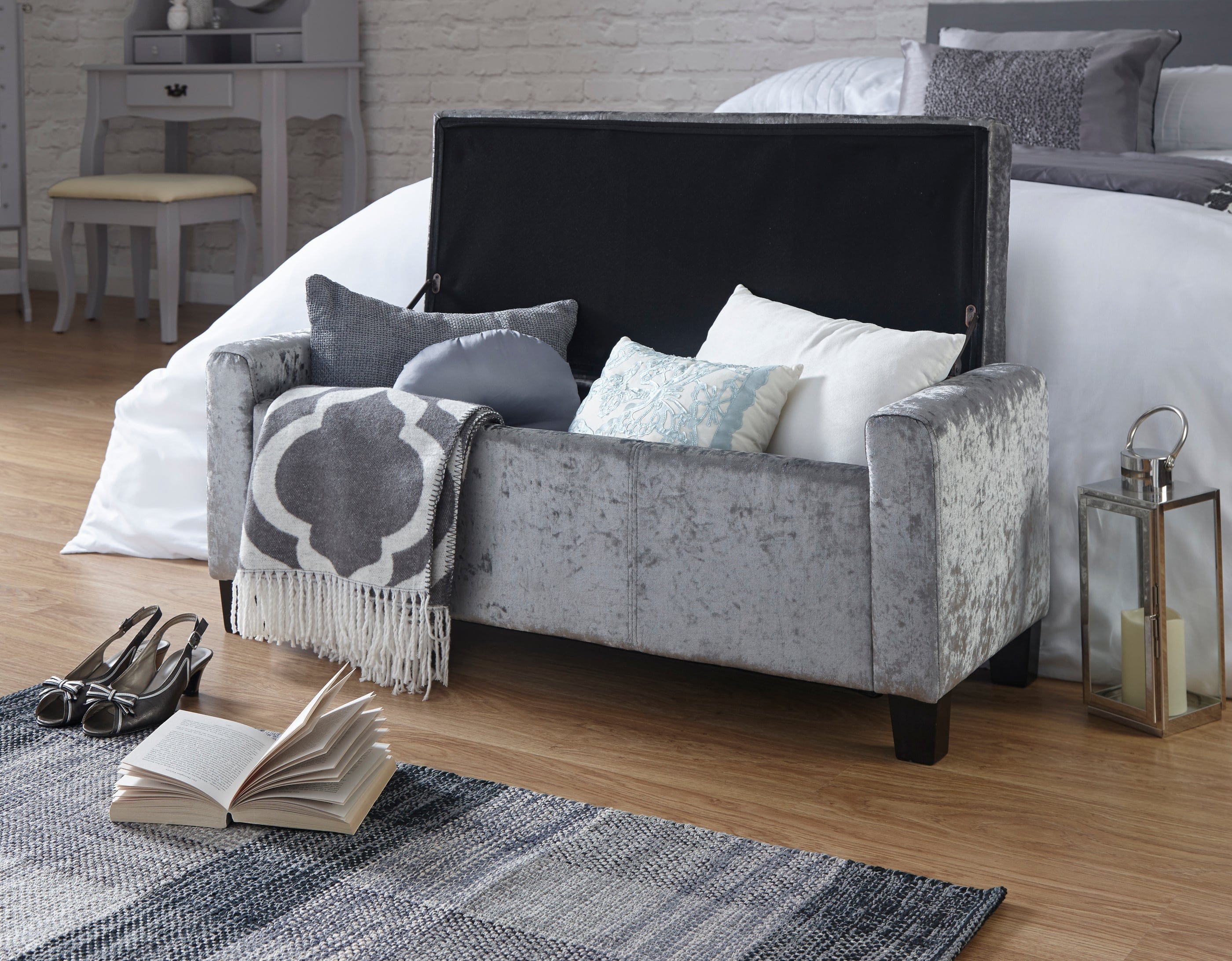 GFW Storage Ottoman Verona Ottoman Bench Grey Crushed Velvet Bed Kings