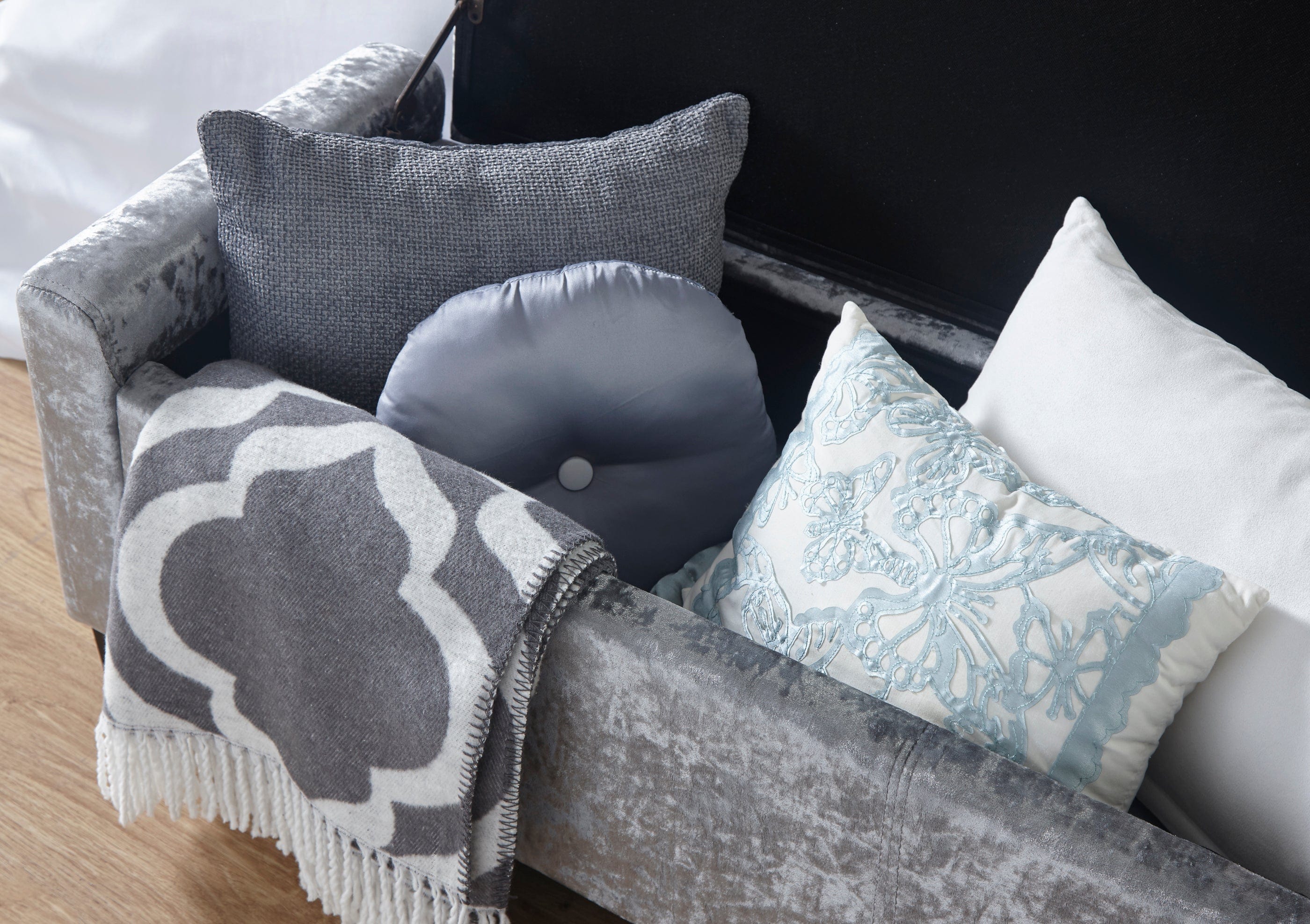 GFW Storage Ottoman Verona Ottoman Bench Grey Crushed Velvet Bed Kings