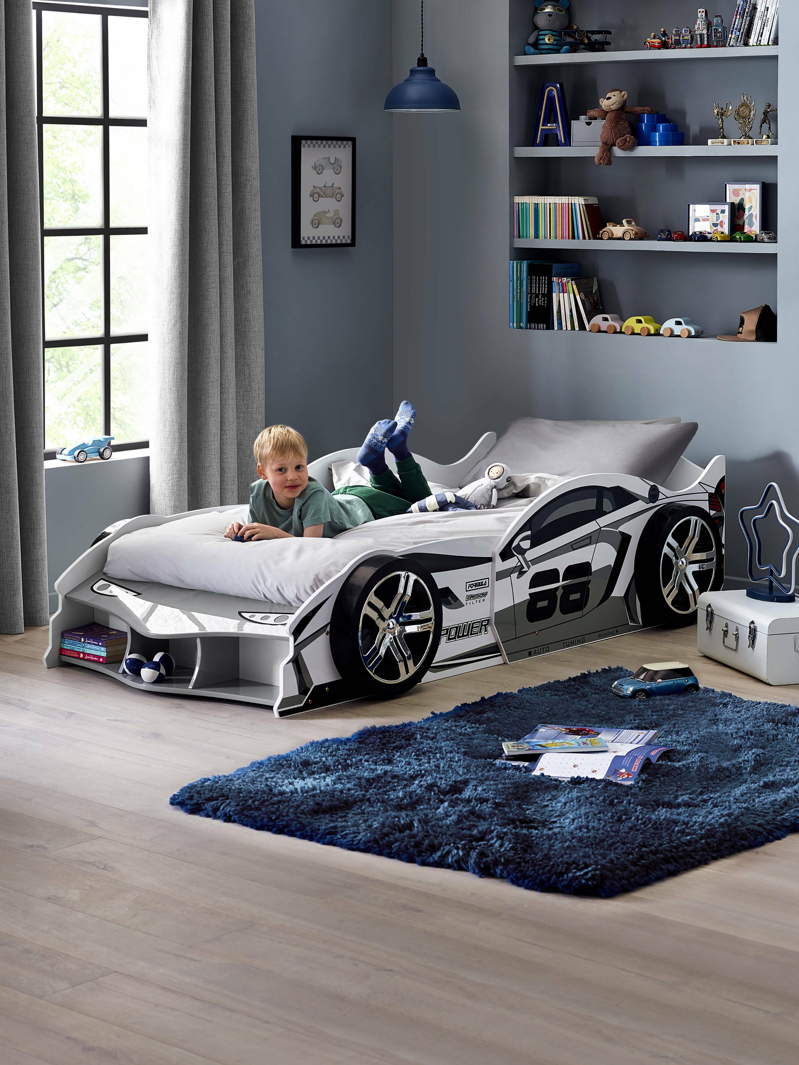 Storm White and Grey High Gloss 90cm Single Race Car Bed