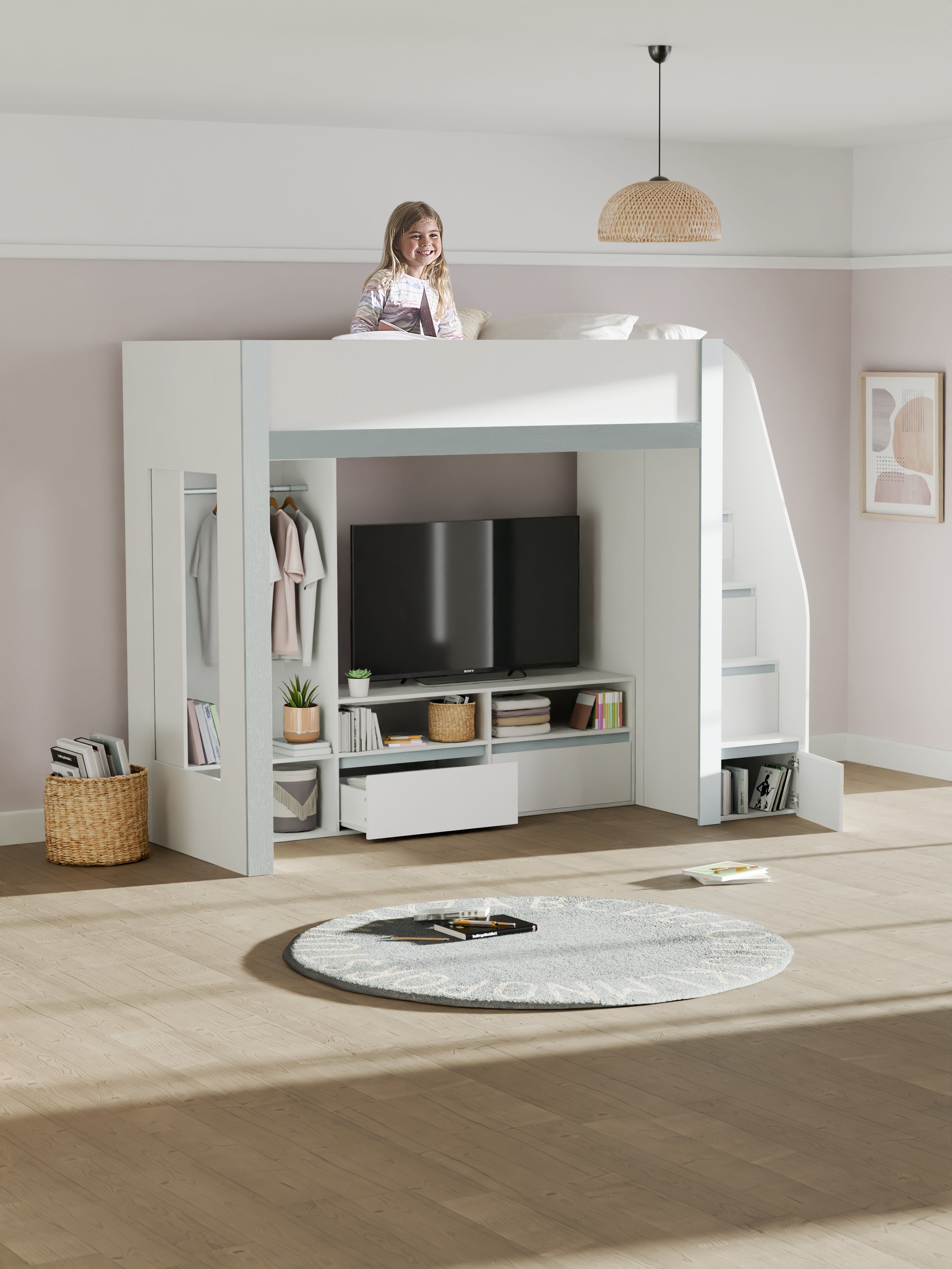 Gaia Highsleeper TV Bed - White and Silver