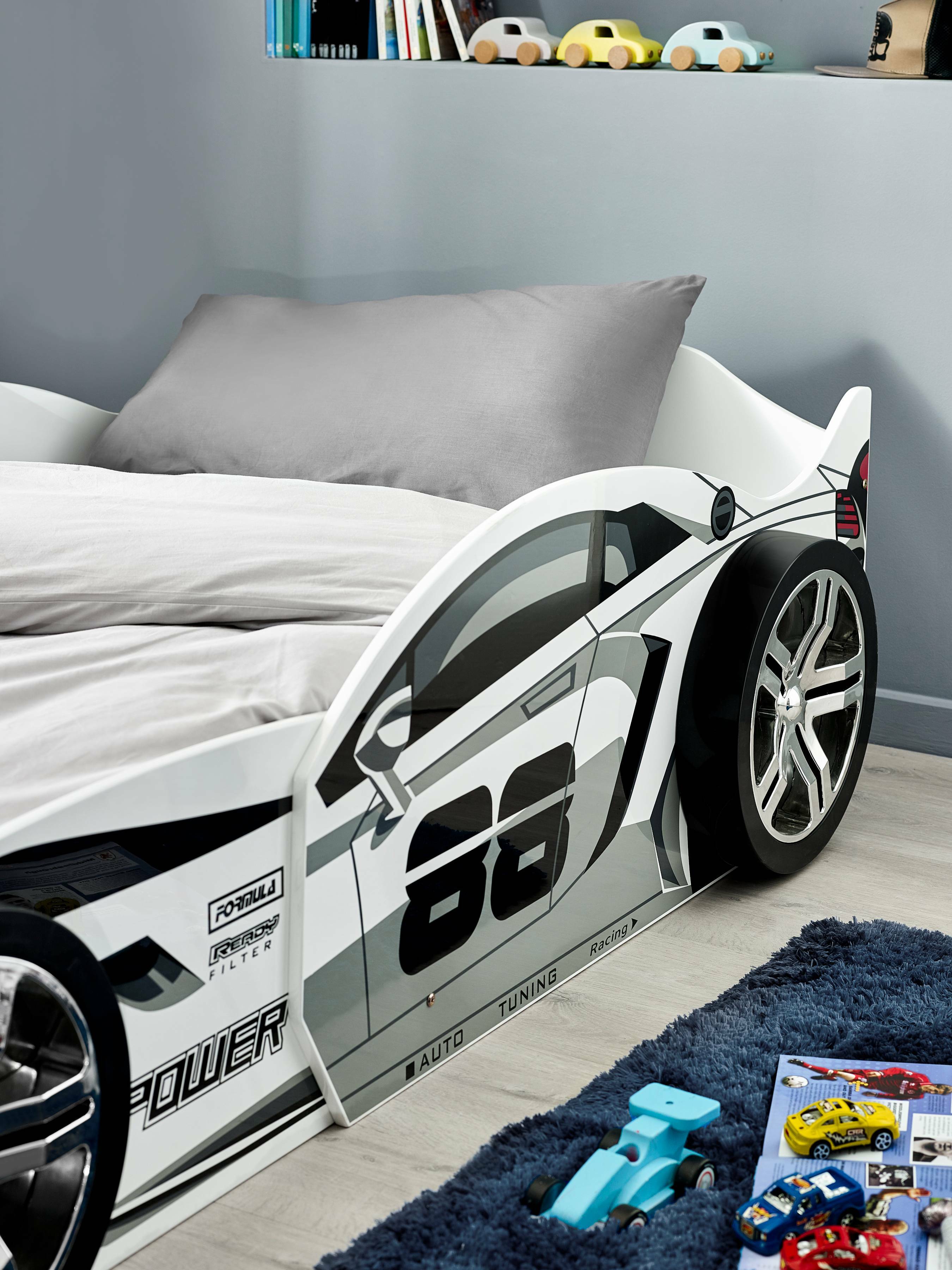 Storm White and Grey High Gloss 90cm Single Race Car Bed