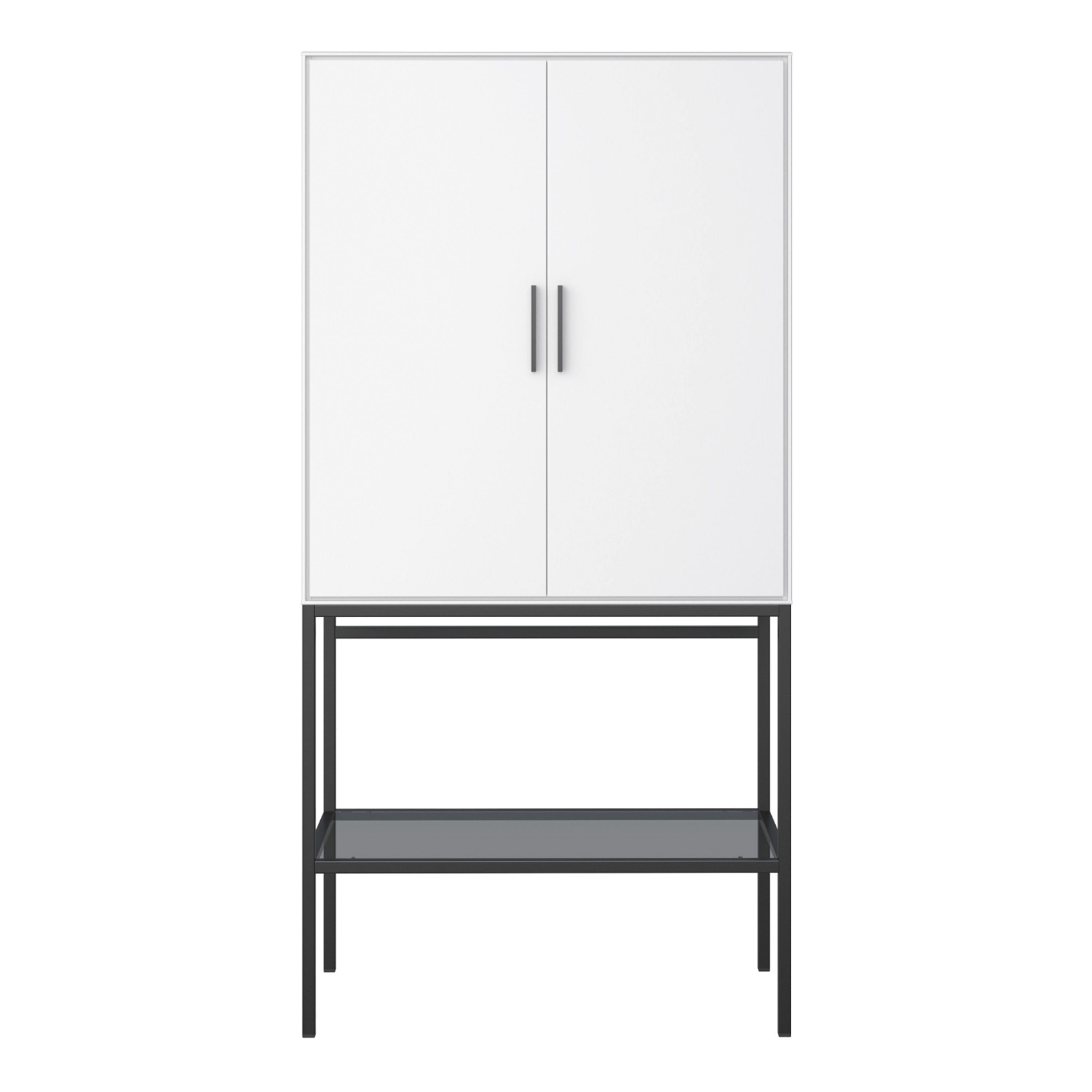 Slimline 2 Door Tall Cabinet in Pure White with Steel Black Legs