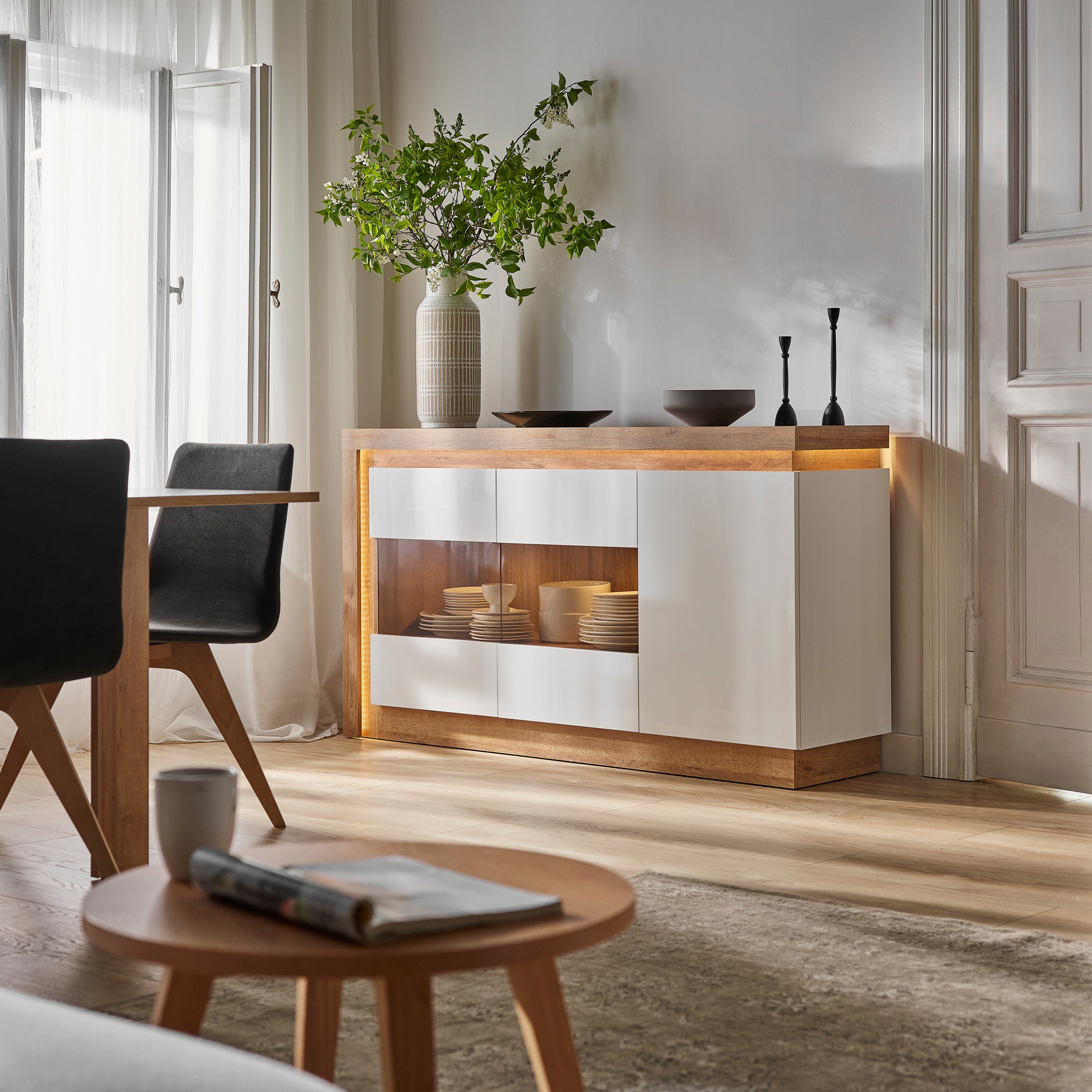 Lyon 3 Door Glazed Sideboard in Riviera Oak/White High Gloss