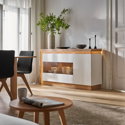Lyon 3 Door Glazed Sideboard in Riviera Oak/White High Gloss