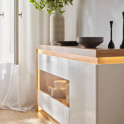 Lyon 3 Door Glazed Sideboard in Riviera Oak/White High Gloss