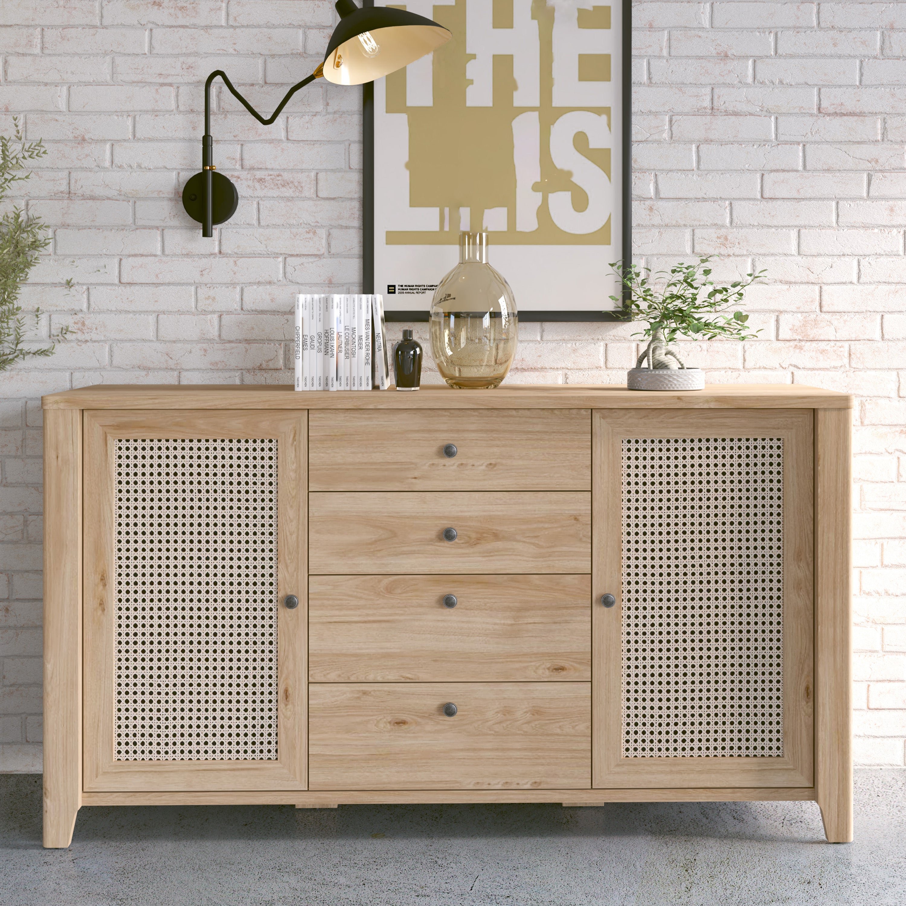 Cestino 2 Door 4 Drawer Sideboard in Jackson Hickory Oak and Rattan Effect