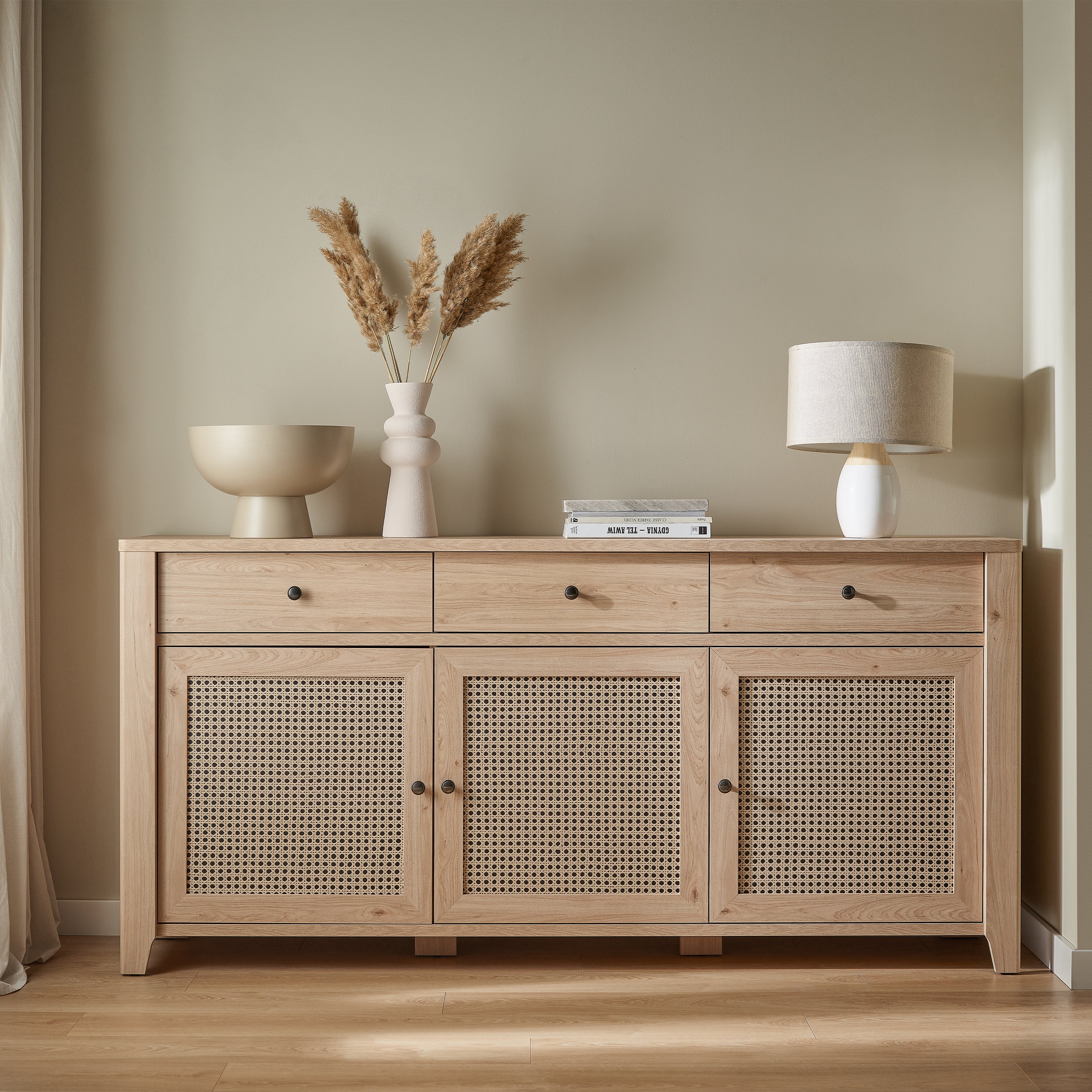 Cestino 3 Door 3 Drawer Sideboard in Jackson Hickory Oak and Rattan Effect