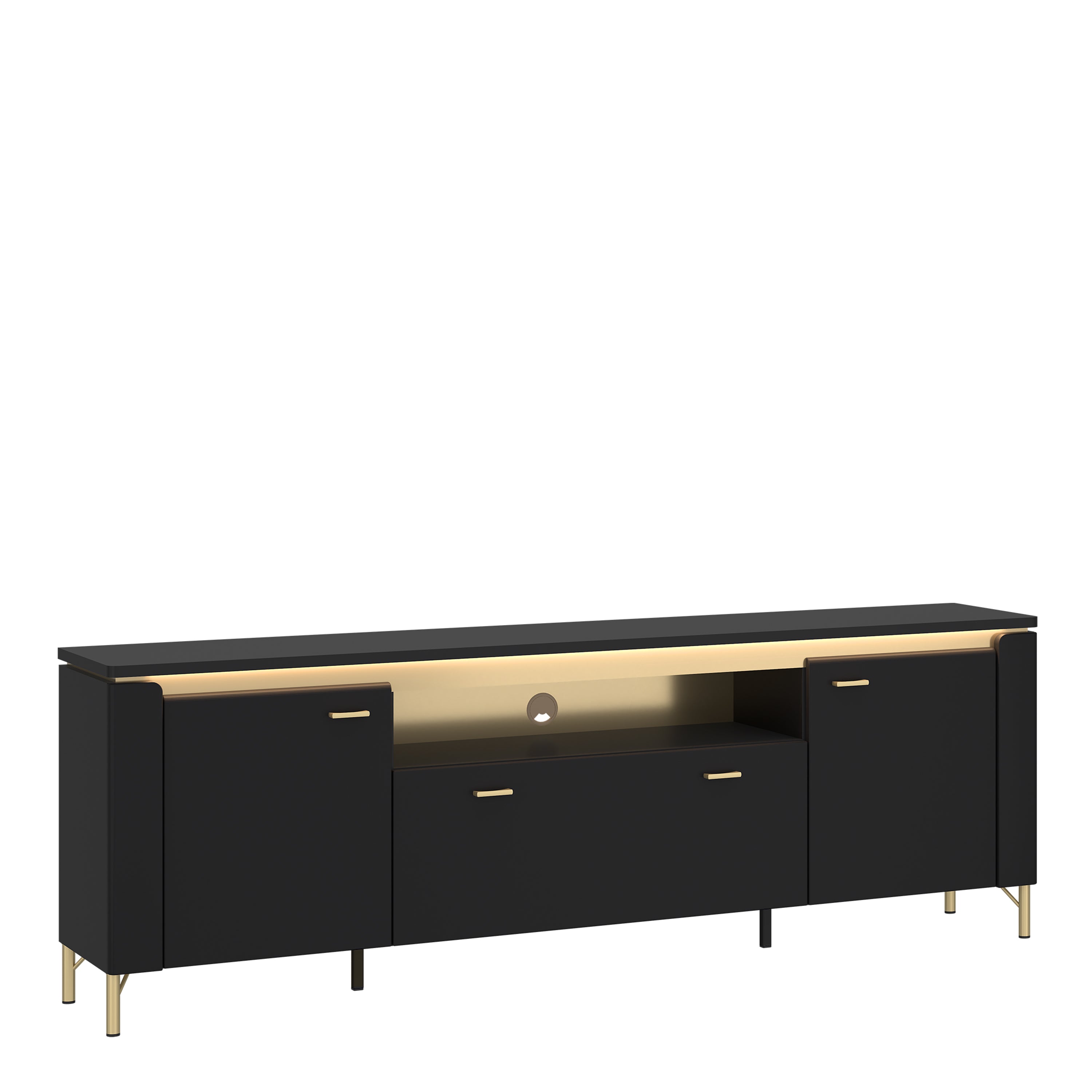 Genoa TV Cabinet 2 Door 1 Drawer 200cm Wide in Black Matt/Gold