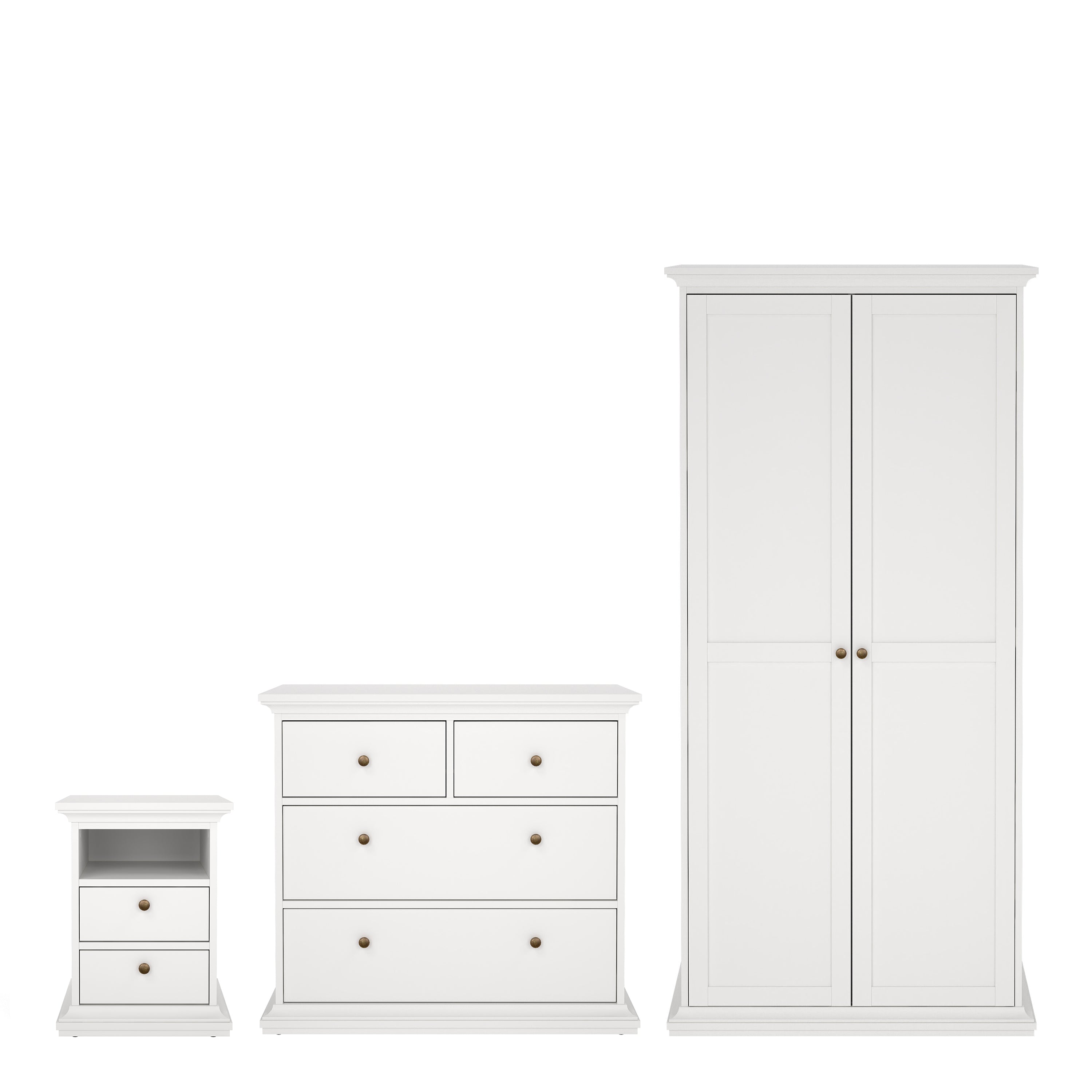 Paris Package - Bedside 2 Drawers + Chest of 4 Drawers + Wardrobe with 2 Doors White