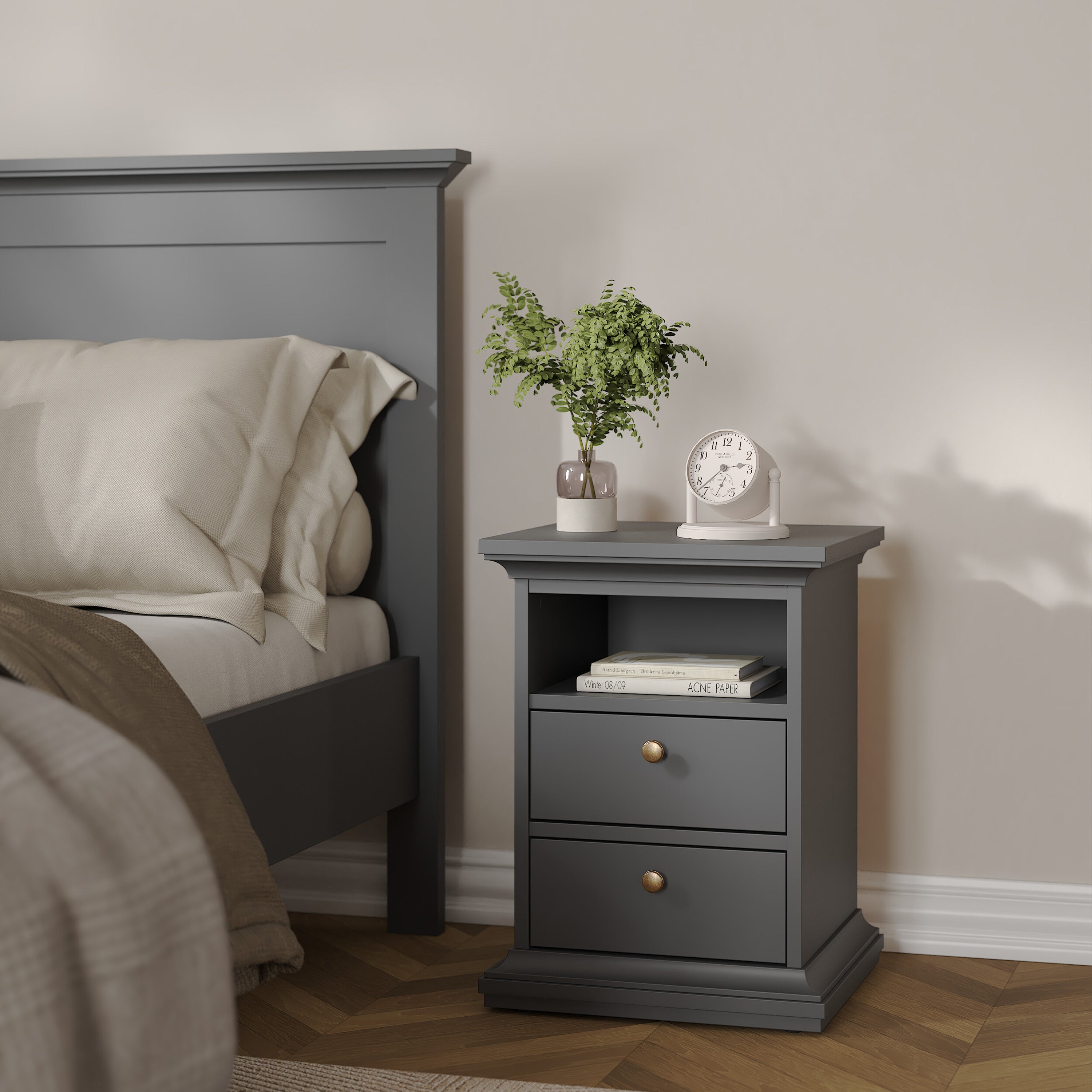 Paris Bedside 2 Drawers in Matt Grey