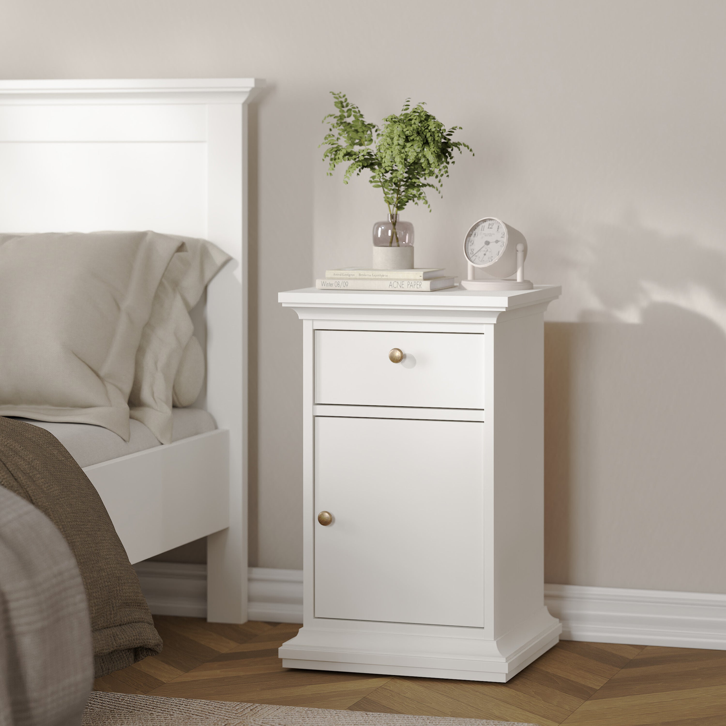 Paris Nightstand 1 Door + 1 Drawer in White