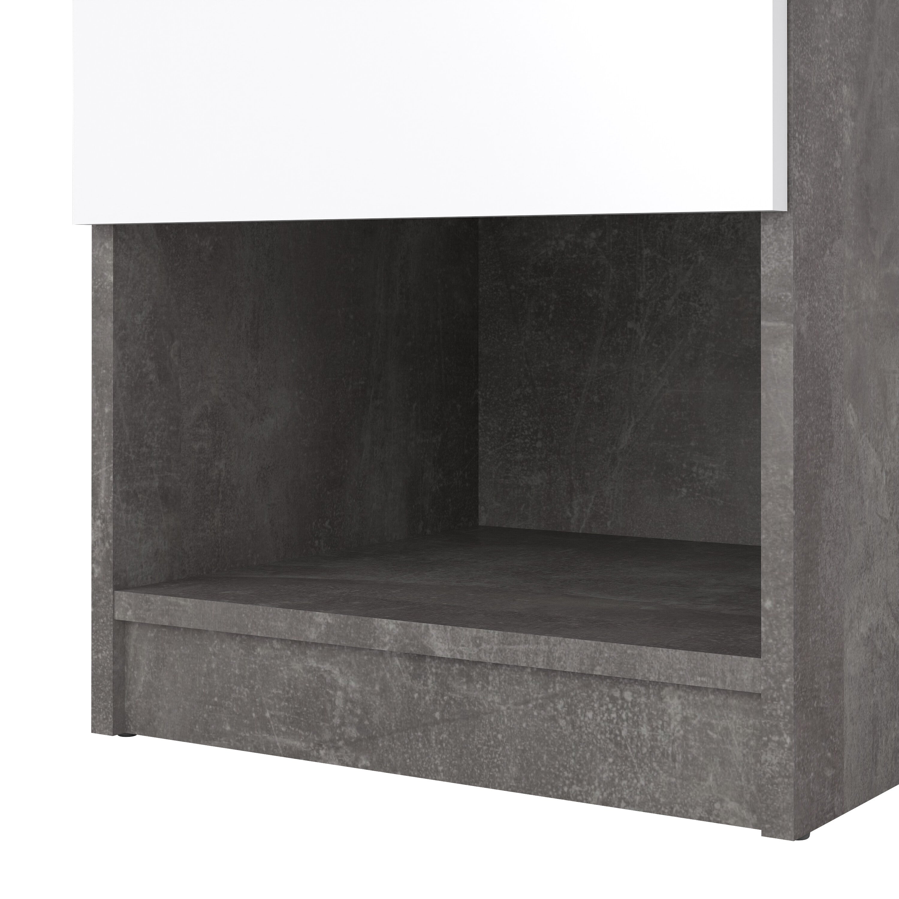 Naia Bedside 1 Drawer 1 Shelf in Concrete and White High Gloss