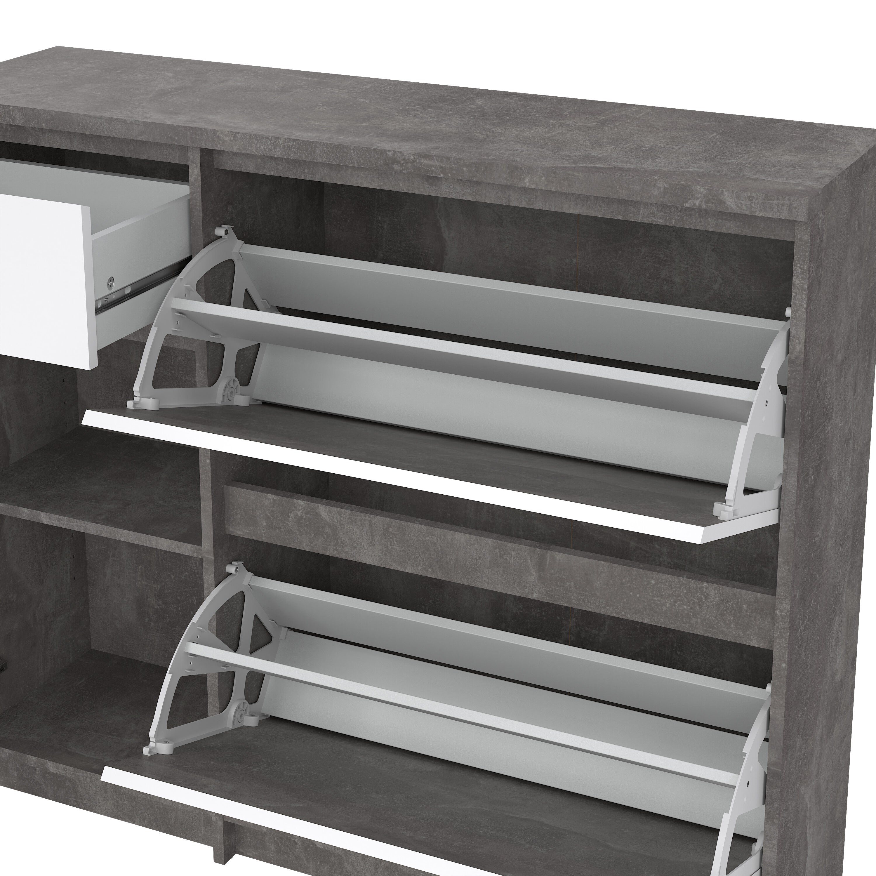 Naia Shoe Cabinet with 2 Flip Down Doors 1 Door and 1 Drawer in Concrete and White High Gloss