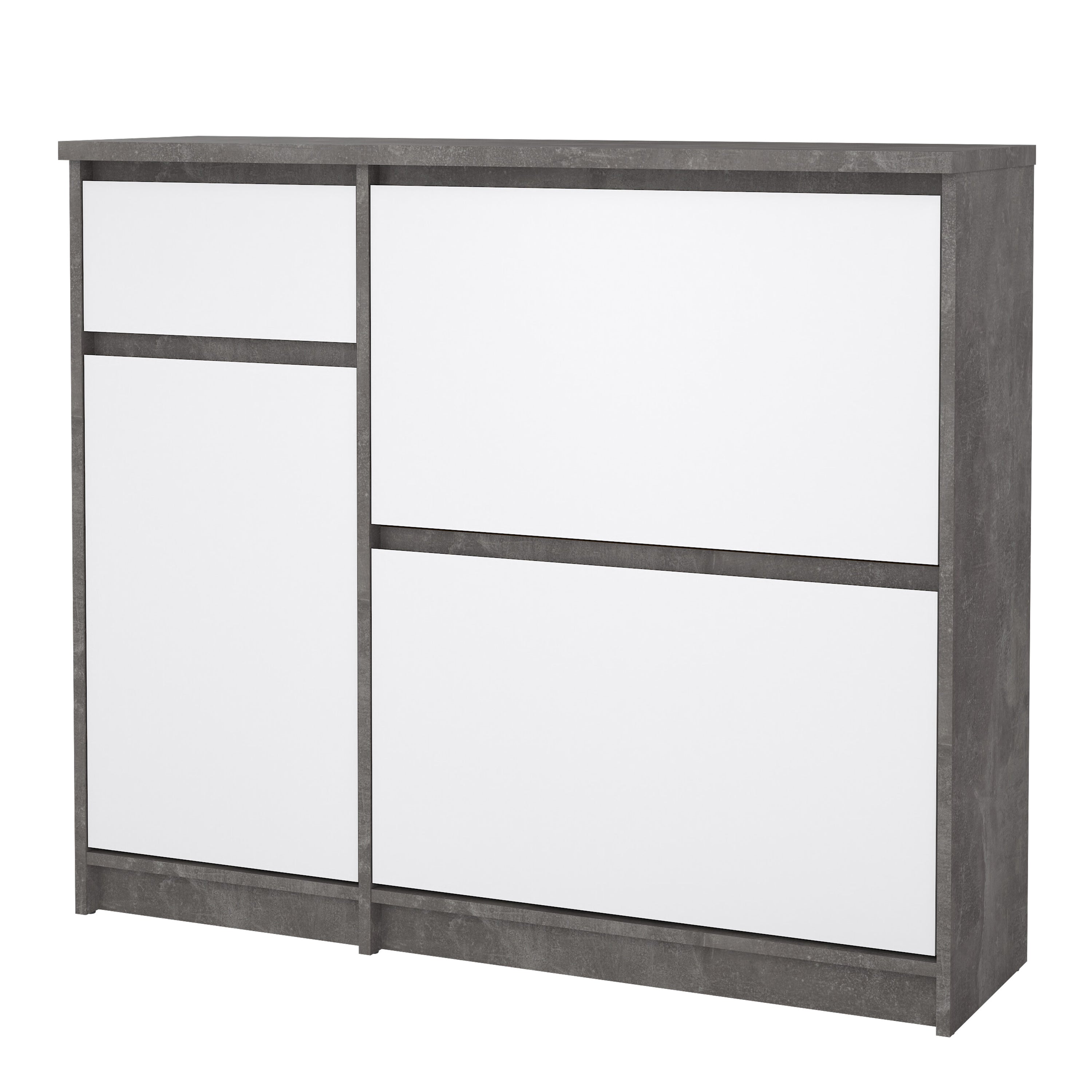 Naia Shoe Cabinet with 2 Flip Down Doors 1 Door and 1 Drawer in Concrete and White High Gloss
