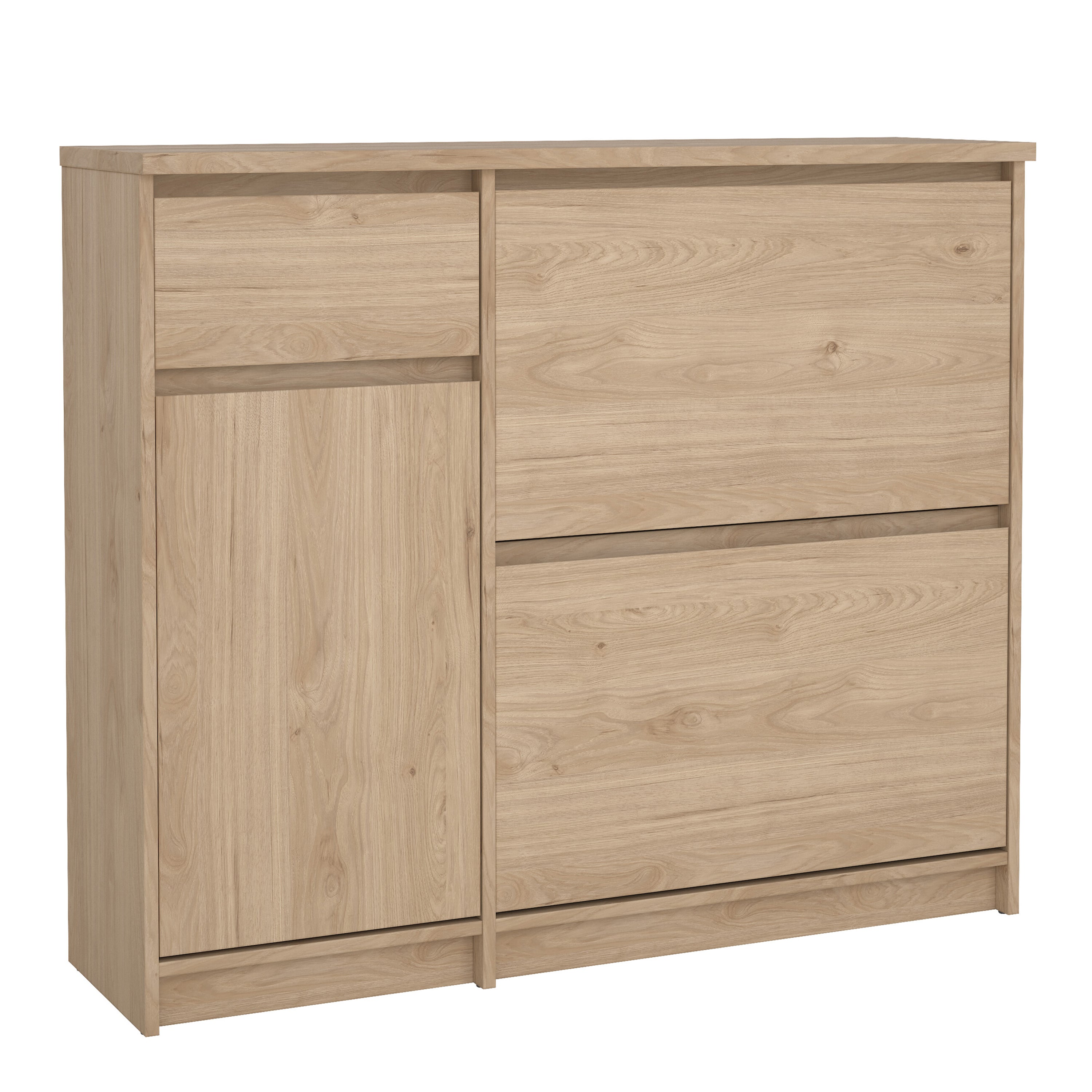 Naia Shoe Cabinet with 2 Flip Down Doors 1 Door and 1 Drawer in Jackson Hickory Oak