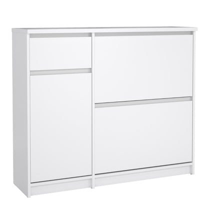 Naia Shoe Cabinet with 2 Flip Down Doors 1 Door and 1 Drawer in White High Gloss