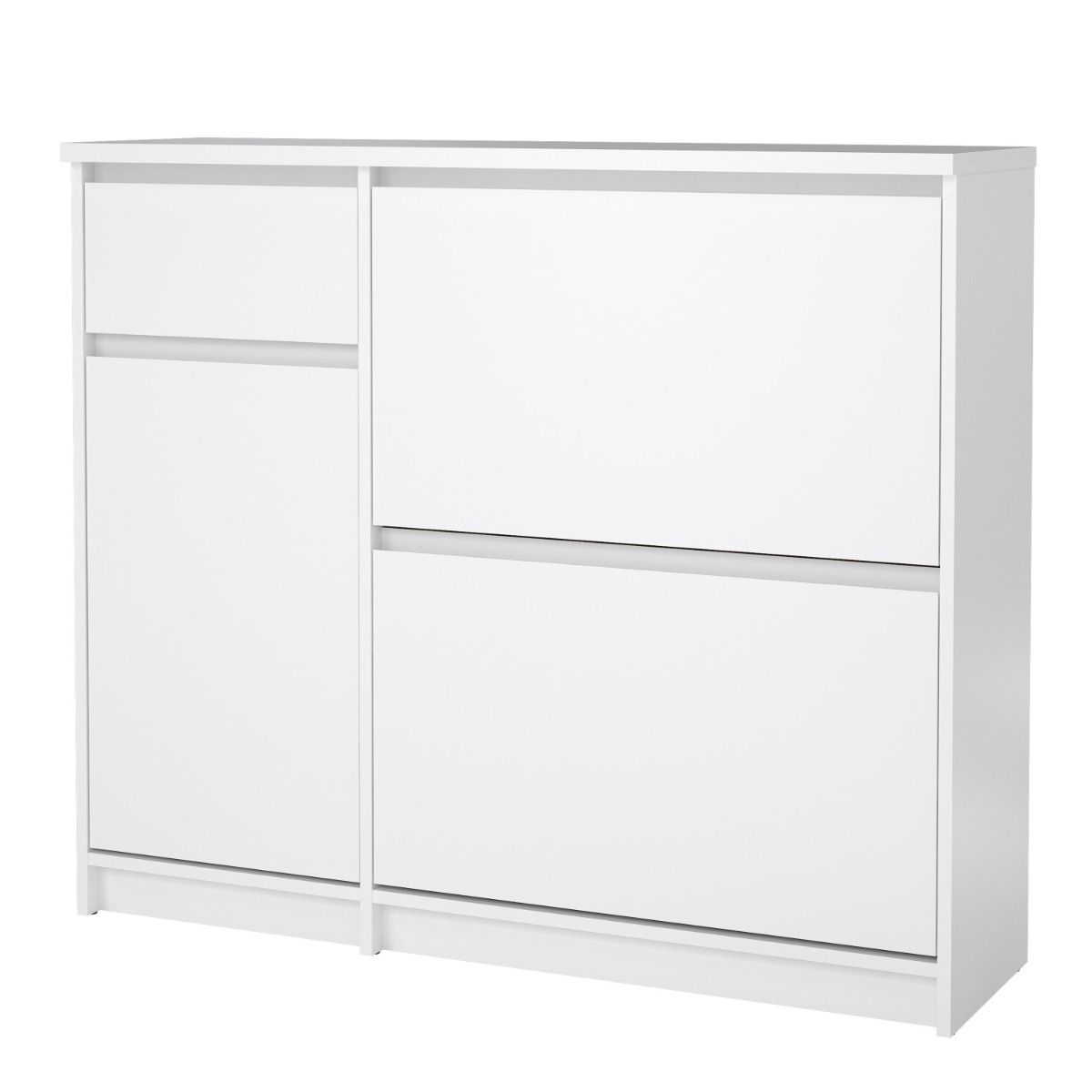 Naia Shoe Cabinet with 2 Flip Down Doors 1 Door and 1 Drawer in White High Gloss