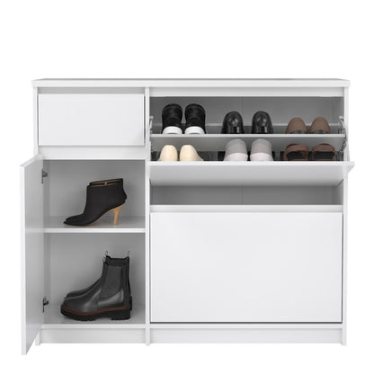 Naia Shoe Cabinet with 2 Flip Down Doors 1 Door and 1 Drawer in White High Gloss