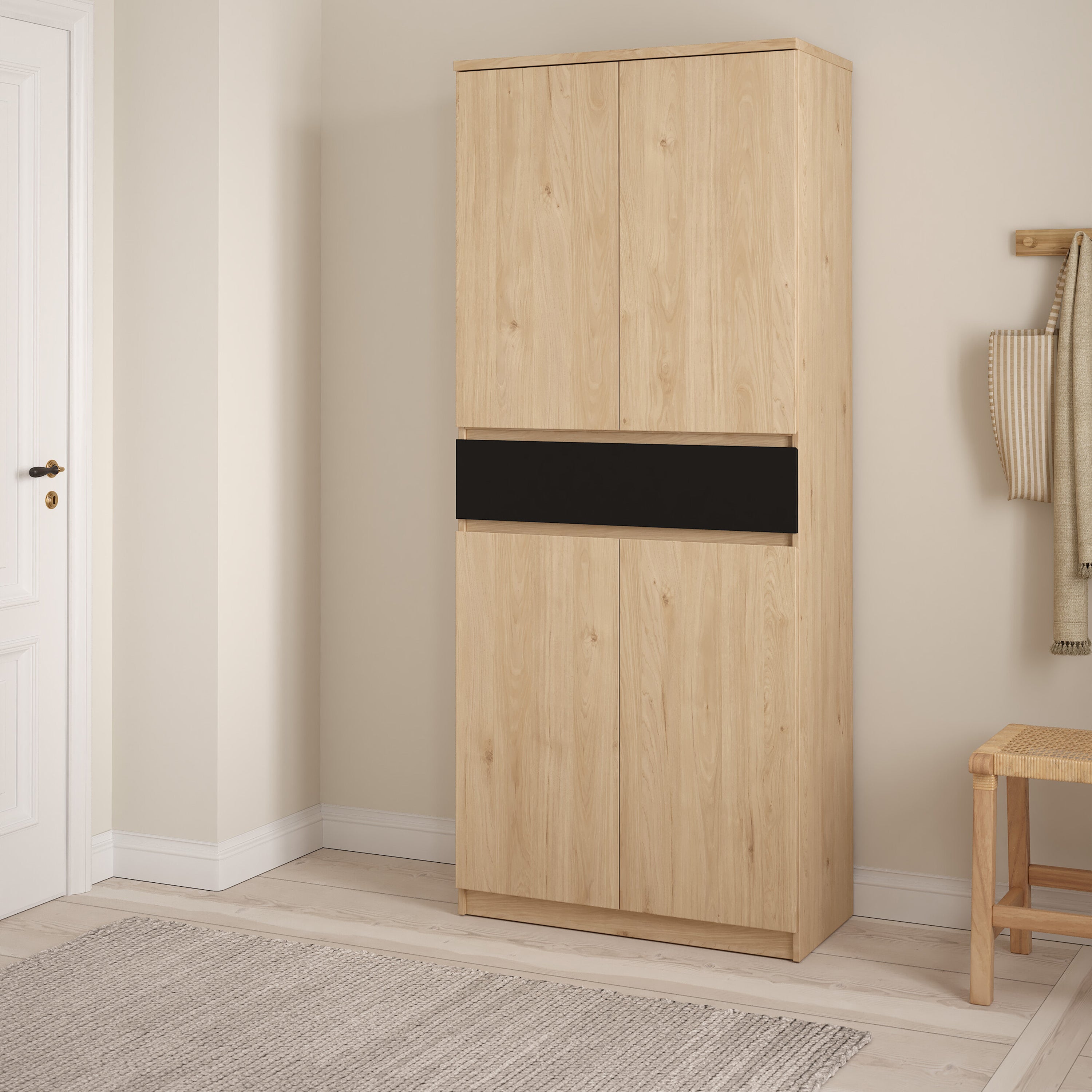 Naia Shoe Cabinet with 4 Doors 1 Drawer in Jackson Hickory Oak and Black