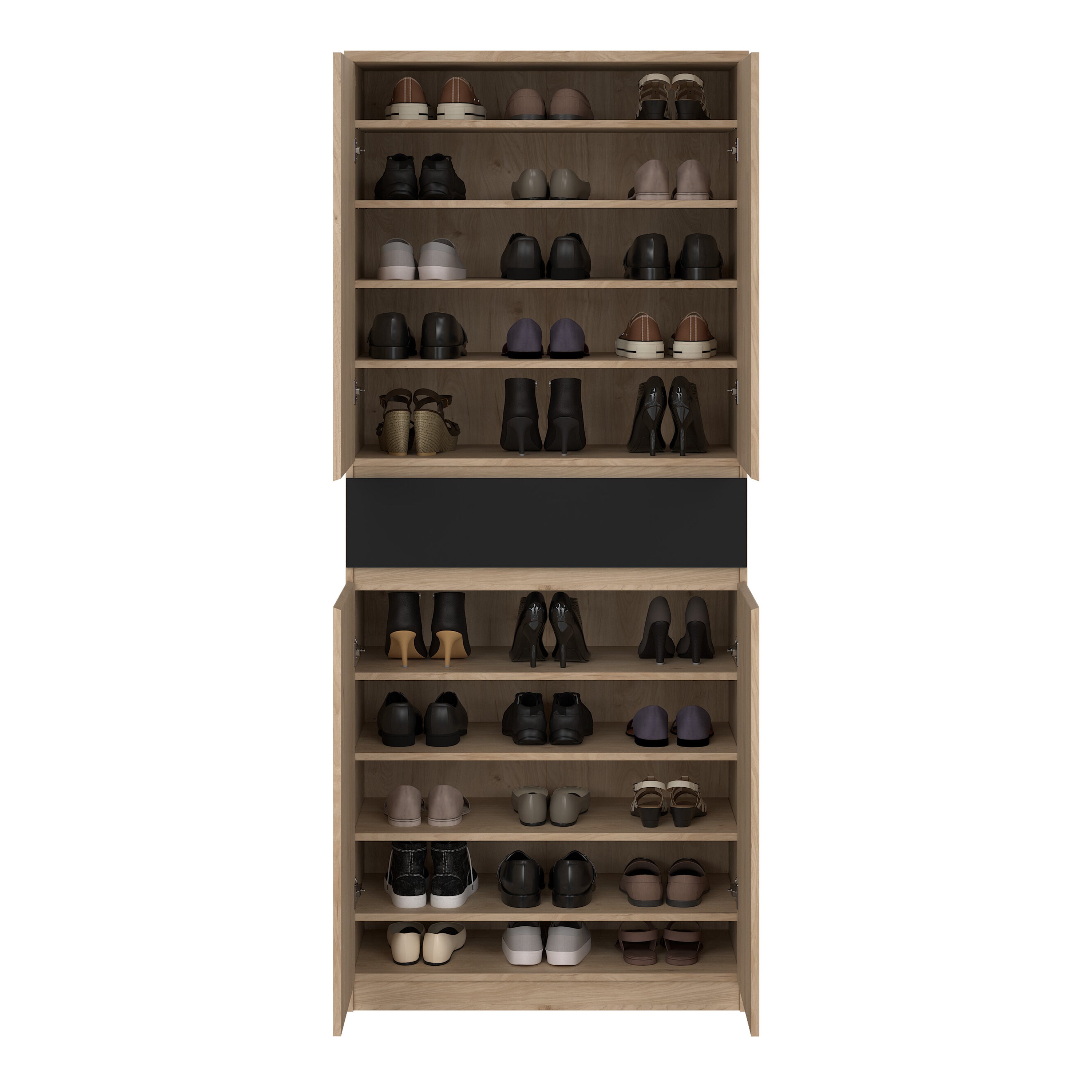 Naia Shoe Cabinet with 4 Doors 1 Drawer in Jackson Hickory Oak and Black