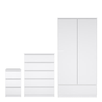 Naia Package - Bedside 3 Drawers + Chest of 5 Drawers + Wardrobe with 2 Doors + 1 Drawer in White High Gloss