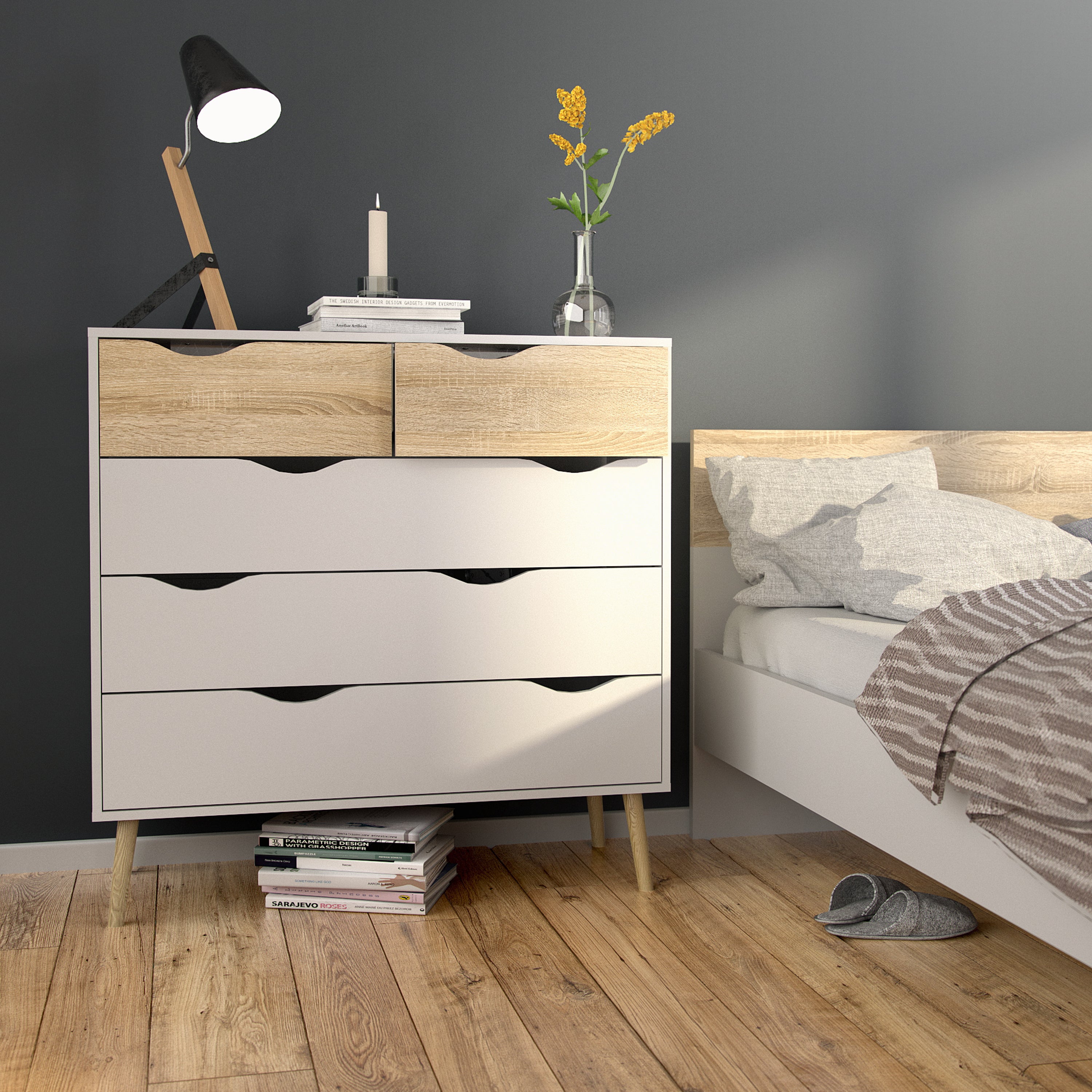 Oslo Package - Bedside 1 Drawer + Chest of 5 Drawers (2+3) + Wardrobe 3 Doors 3 Drawers in White and Oak