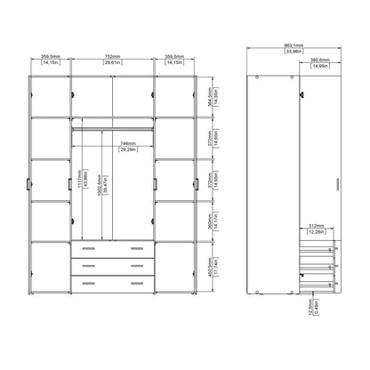 Space Wardrobe 4 Doors 3 Drawers in White 2000