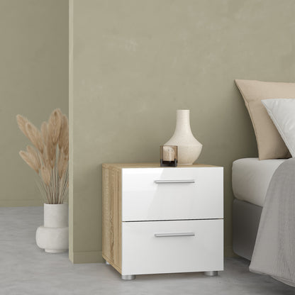 Pepe Package - Bedside 2 Drawers + Chest of 4 Drawers + Wardrobe with 2 Doors in Oak with White High Gloss