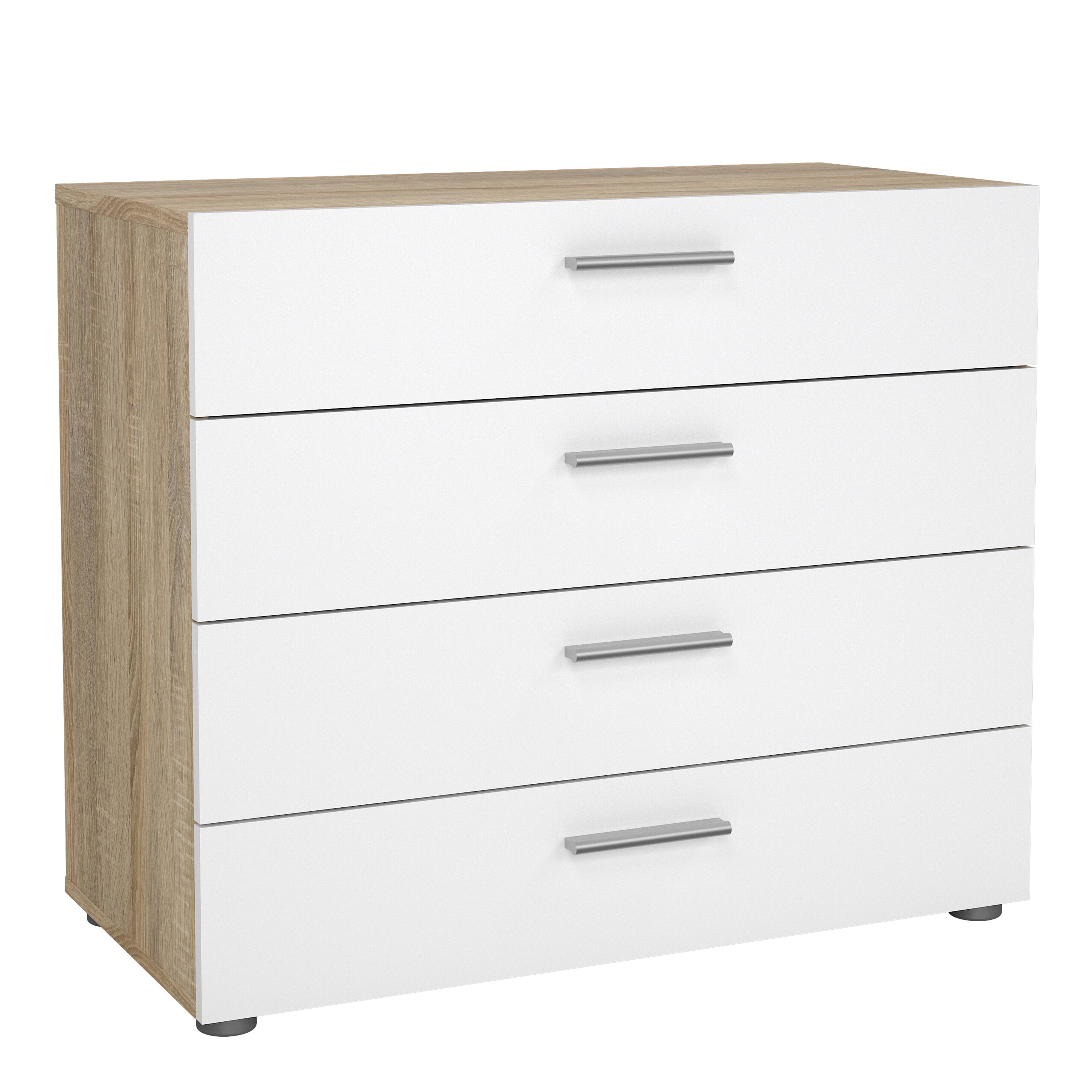 Pepe Package - Bedside 2 Drawers + Chest of 4 Drawers + Wardrobe with 2 Doors in Oak with White High Gloss