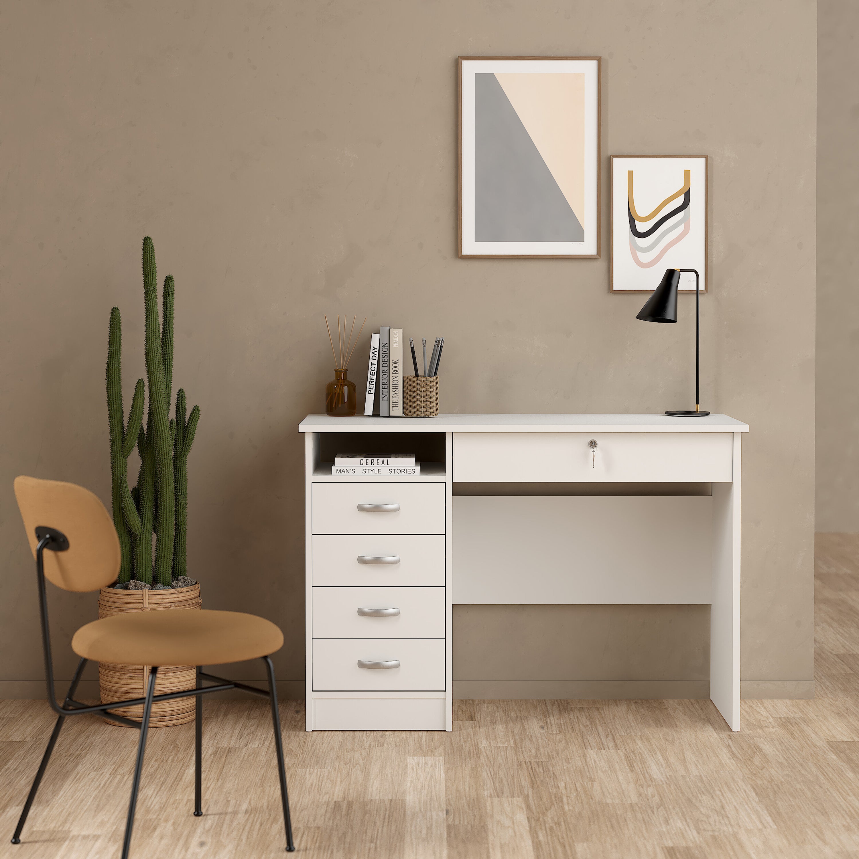 Function Plus Desk 5 Drawers in White
