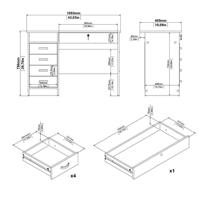 Function Plus Desk 5 Drawers in White