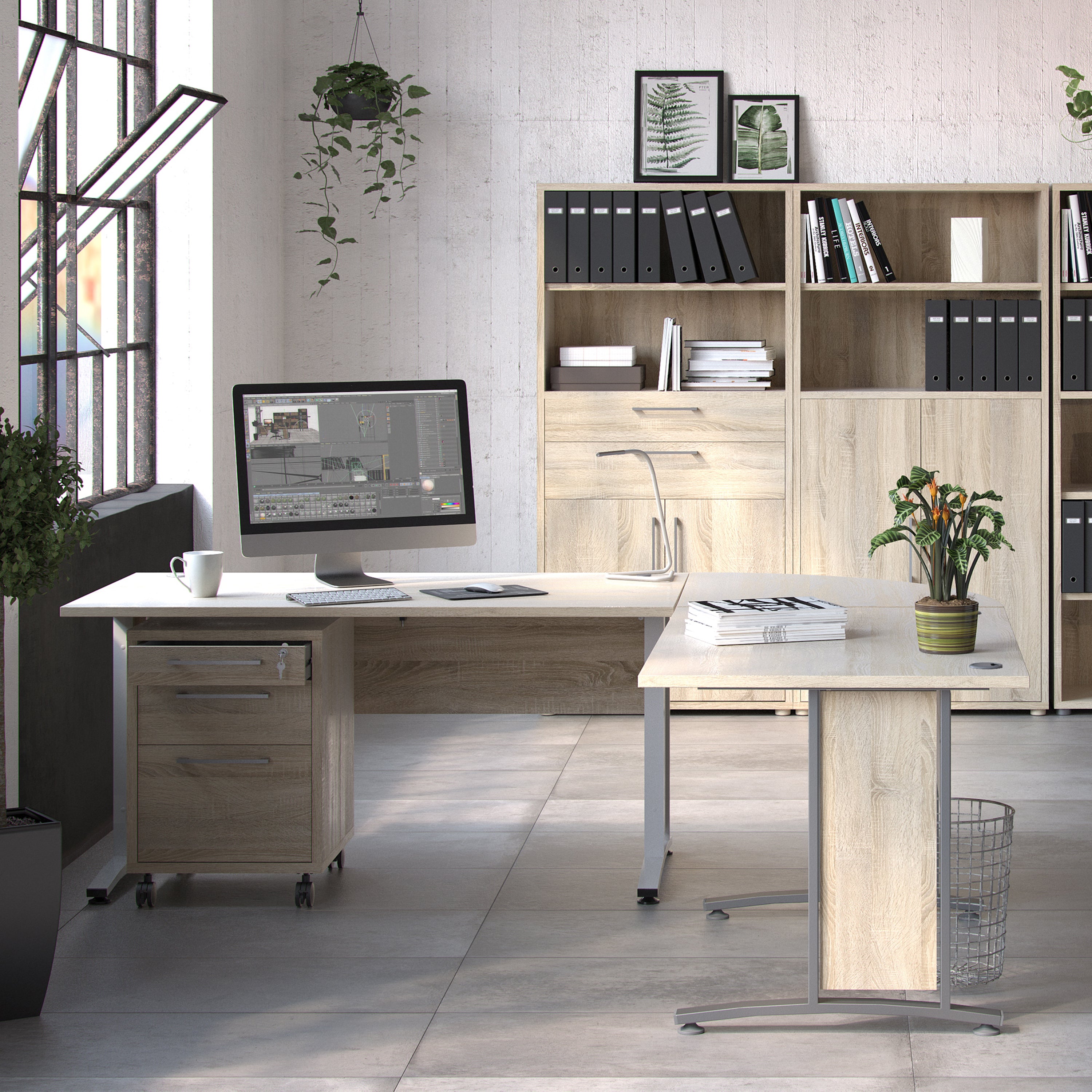 Prima Desk 150cm in Oak with Height Adjustable Legs with Electric Control in Silver Grey Steel