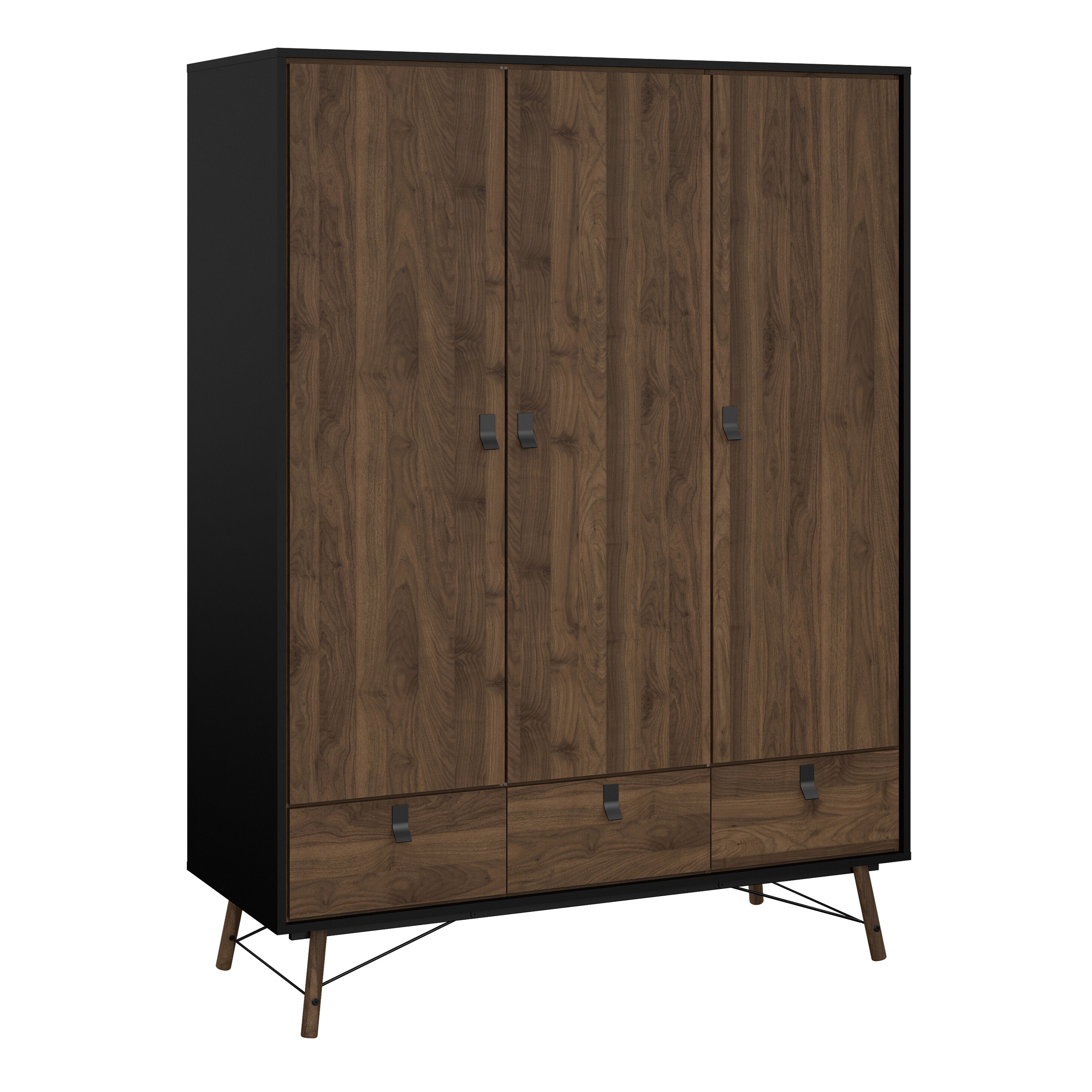 Ry Package - Wardrobe 3 Doors + 3 Drawers + Double chest 6 Drawers + Bedside Cabinet 2 Drawers in Matt Black Walnut