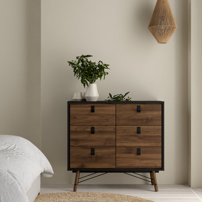 Ry Package - Wardrobe 3 Doors + 3 Drawers + Double chest 6 Drawers + Bedside Cabinet 2 Drawers in Matt Black Walnut