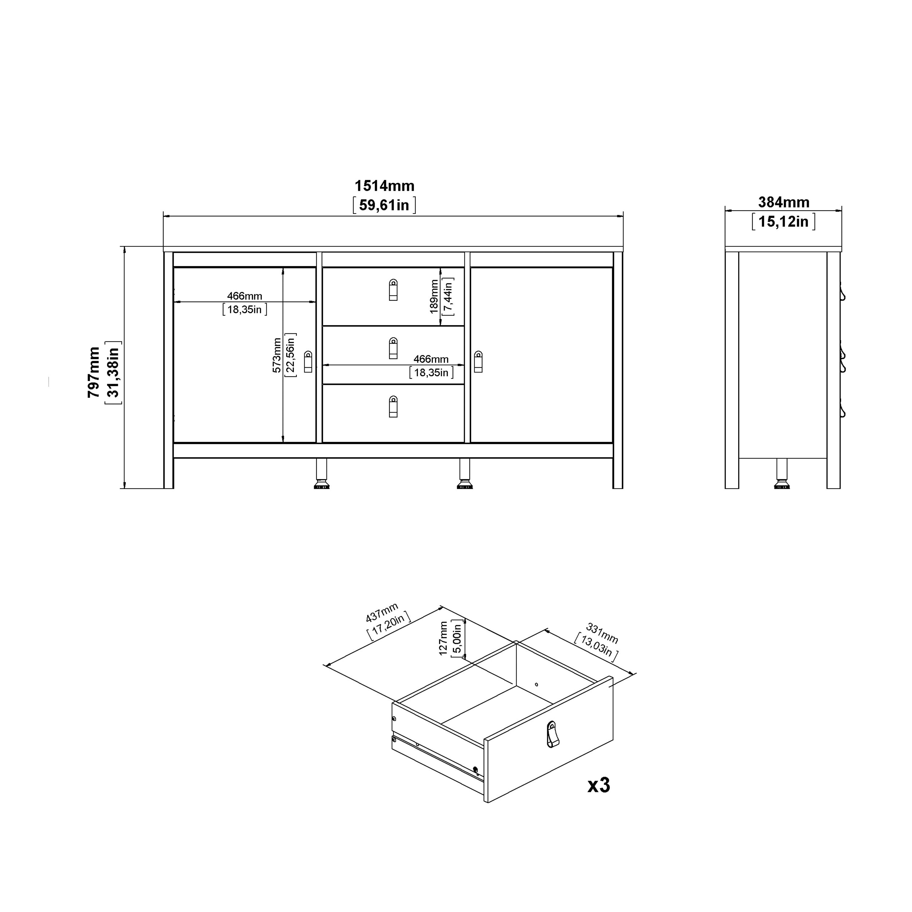 Barcelona Sideboard 2 Doors + 3 Drawers in Cashmere