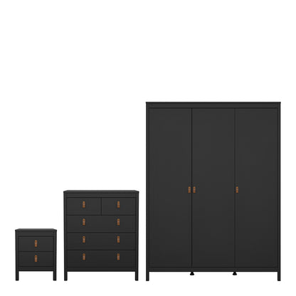 Barcelona Package - Bedside Table 2 Drawers + Chest 5 Drawers + Wardrobe with 3 Doors in Matt Black