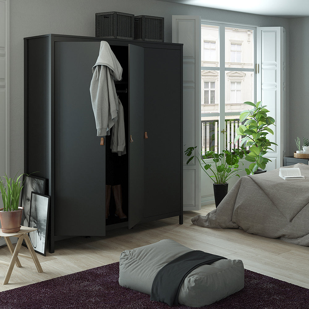 Barcelona Package - Bedside Table 2 Drawers + Chest 5 Drawers + Wardrobe with 3 Doors in Matt Black
