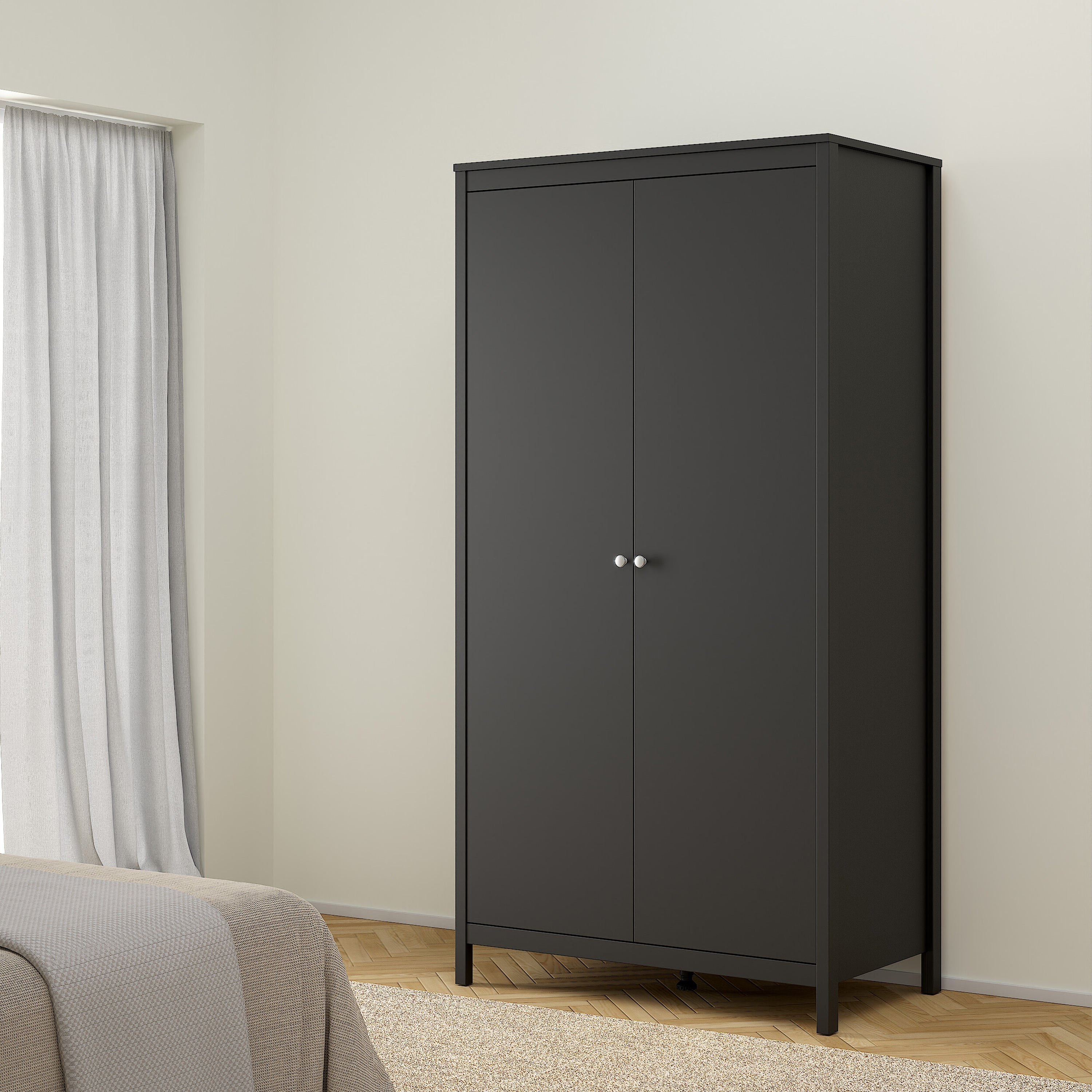 Madrid Package - Bedside Table 2 Drawers + Chest 3+2 Drawers + Wardrobe with 2 Doors in Matt Black