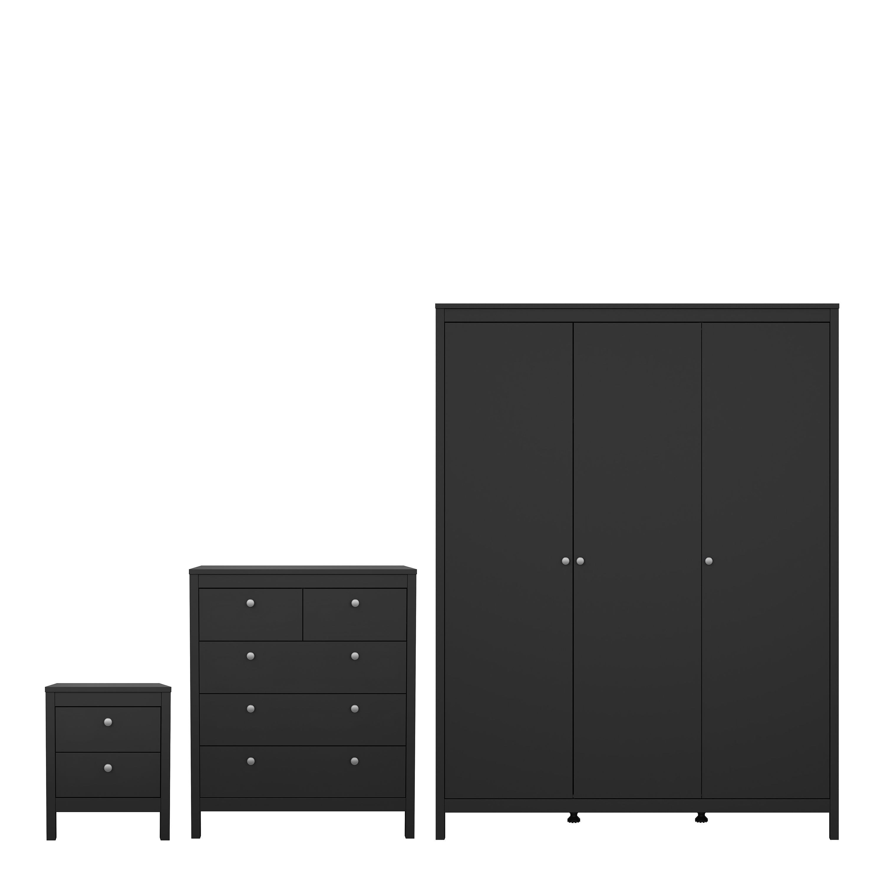 Madrid Package - Bedside Table 2 Drawers + Chest 5 Drawers + Wardrobe with 3 Doors in Matt Black