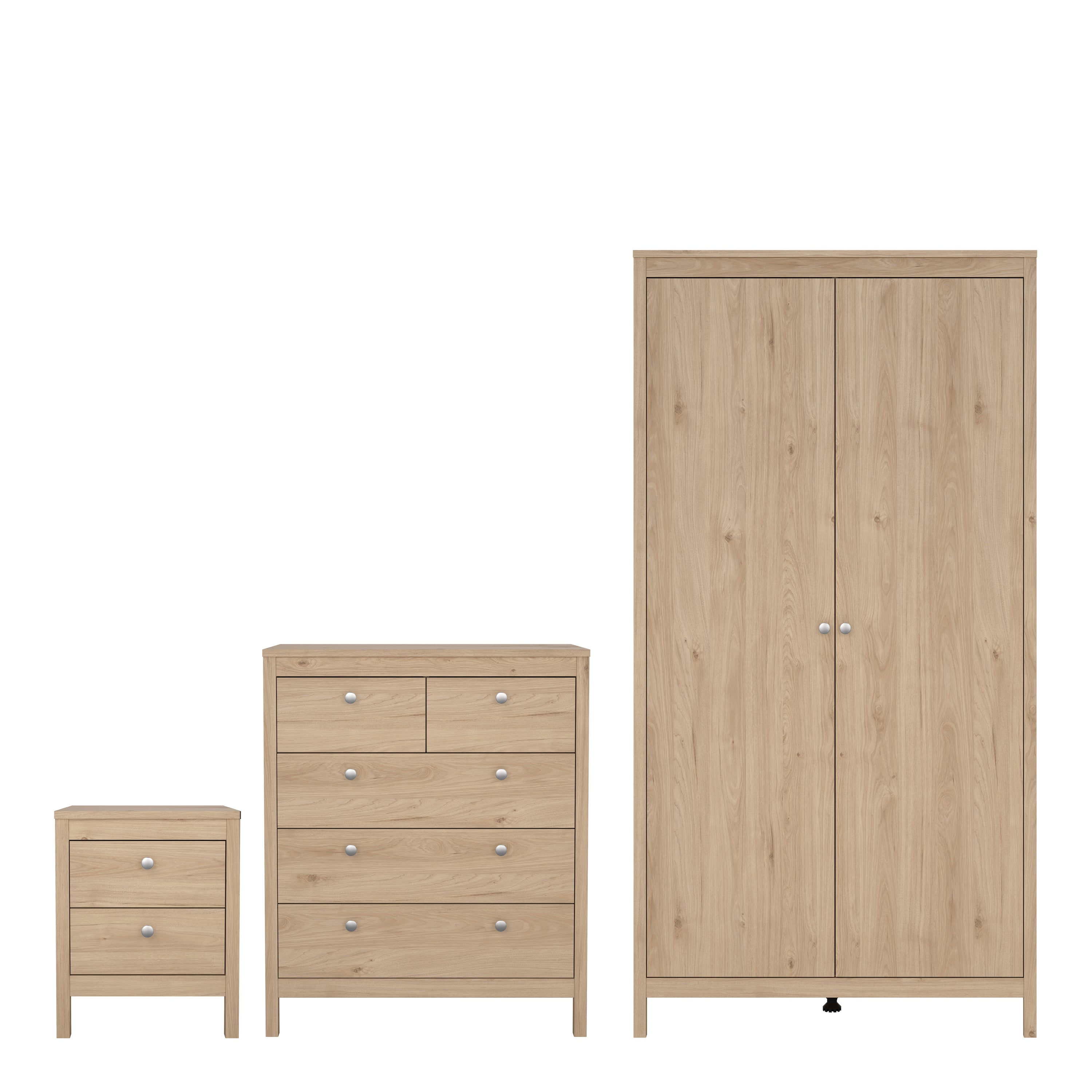 Madrid Package - Bedside Table 2 Drawers + Chest 5 Drawers + 2 Door Wardrobe in Jackson Hickory Oak