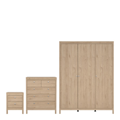 Madrid Package - Bedside Table 2 Drawers + Chest 5 Drawers + 3 Door Wardrobe in Jackson Hickory Oak